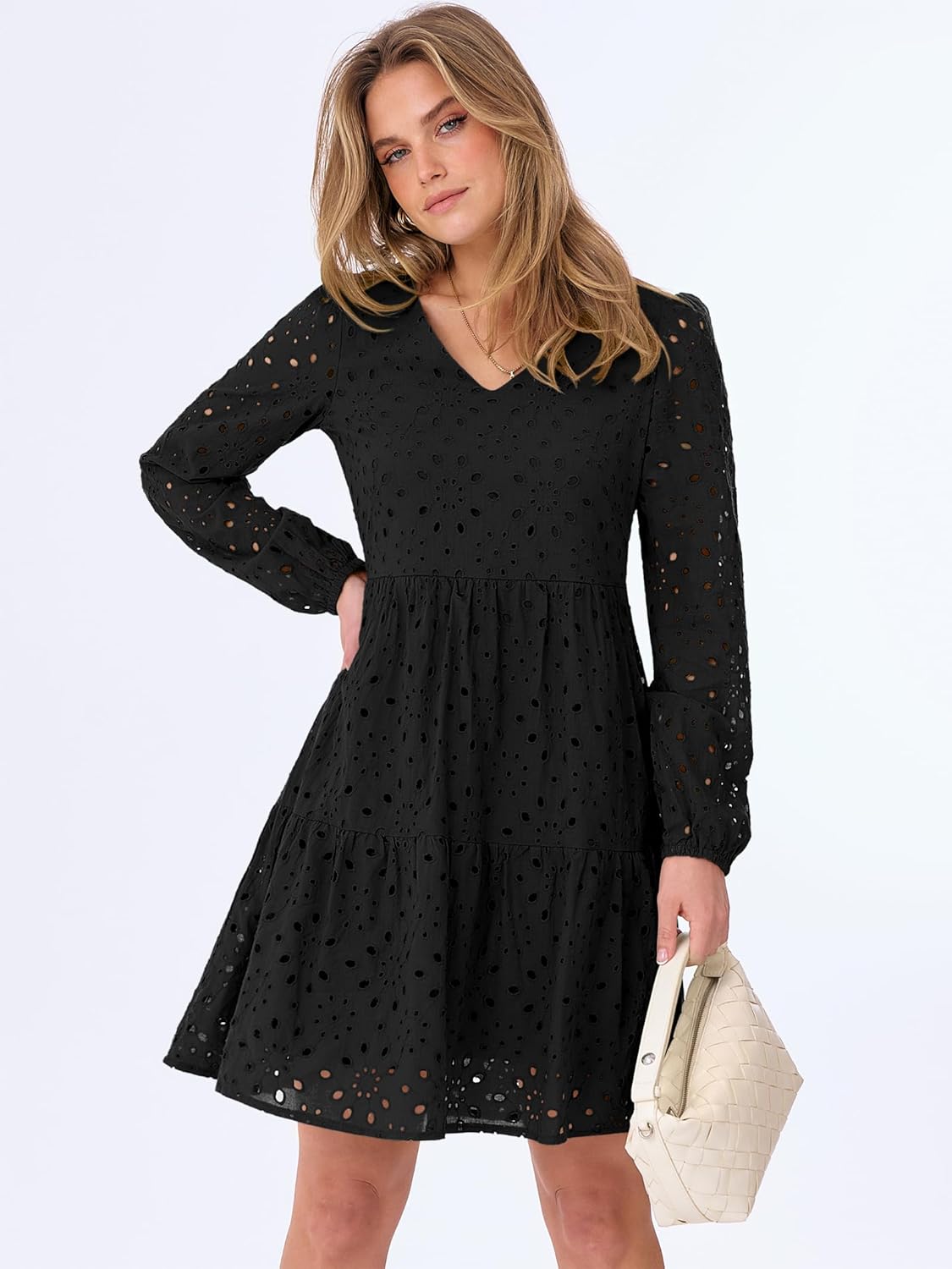 ANRABESS Long Sleeve V Neck Dresses for Women Eyelet Hollow Out Business Casual Tiered 2026 Fall Mini Dress with Pockets - Image 2