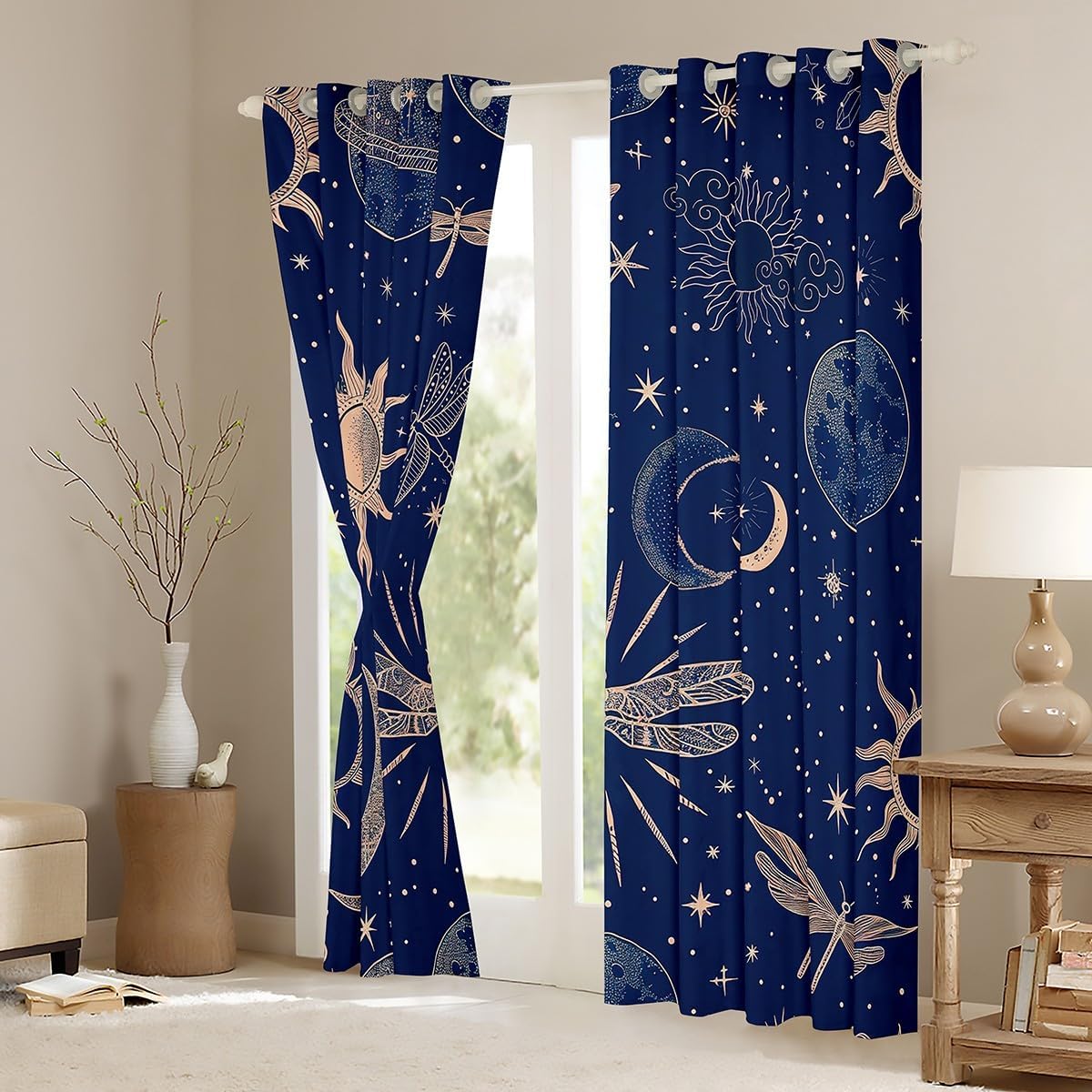 Boho Moon Sun Curtains & Drapes 38"Wx45"L Bohemian Dragonflies Blackout Curtains For Bedroom Living Room,Galaxy Planet Stars Window Curtains Tribal Exotic Diamond Window Curtains 2 Panels Navy Blue