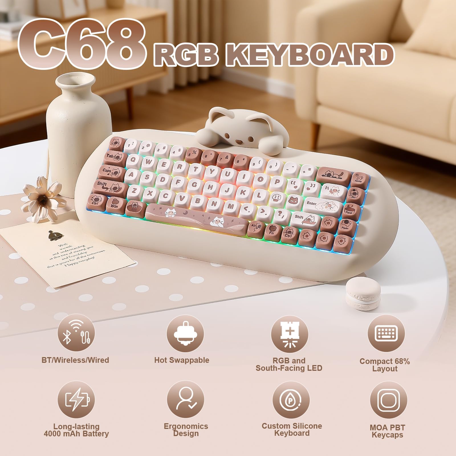 YUNZII C68 Tastiera meccanica senza fili,65% Gaming Keyboard Hot Swap,Tripla modalità BT5.0/2.4G/Cavo,RGB Retroilluminato NKRO,Cat Silicone Ergonomic Keyboard per Win/Mac (fratello, Cambio di latte)