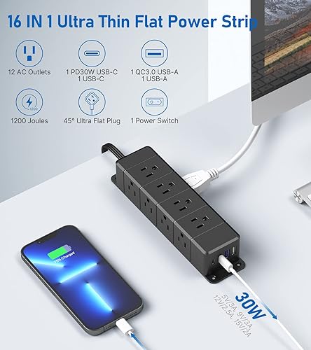 Miniatura 2 de Regleta de alimentación USB C de 30 W, tira de alimentación de enchufe plano ultrafina, 4 lados, 12 tomacorrientes, 1 PD de carga rápida, 2 USB-C, 2