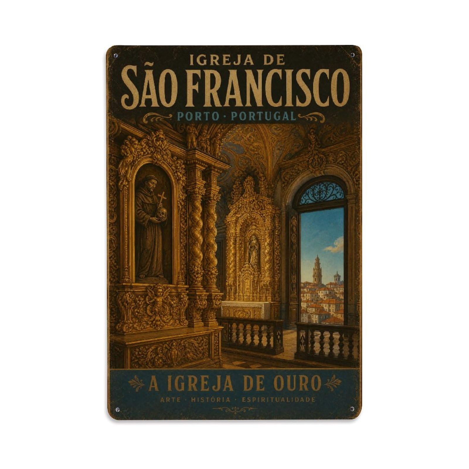 Huiyhb 8X12inch(20X30cm) Vintage Travel Sao Francisco Church Golden Interior Portugal Metal Tin Sign