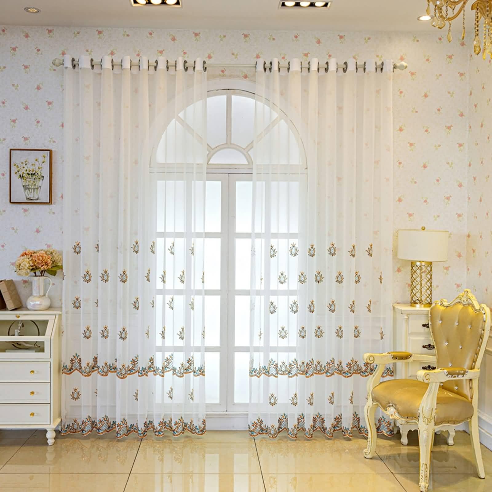 Vorhänge Küche Bunt, Polyester Gardienen mit Pailletten Blumenmuster, 107X213cm-2Pcs