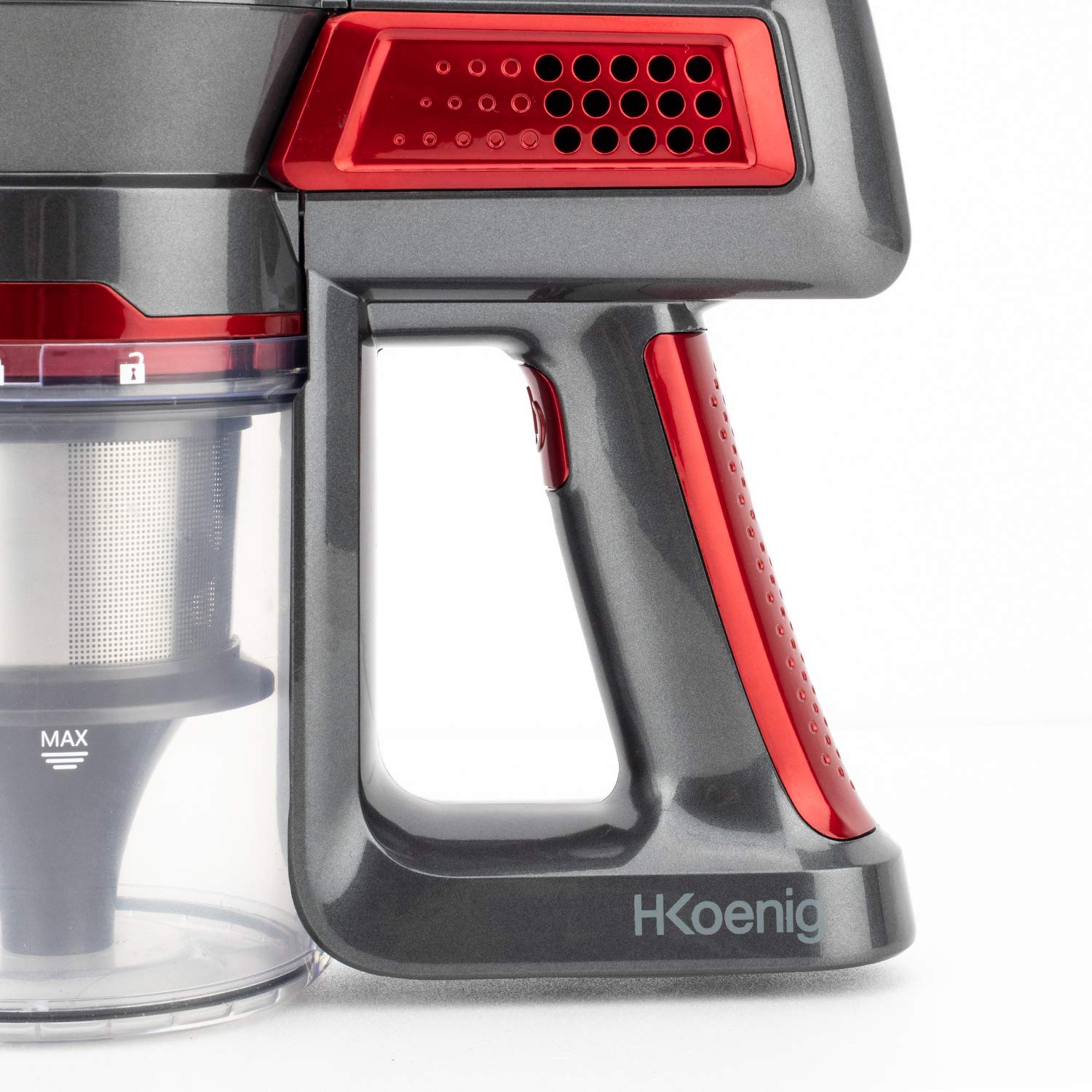 H.Koenig Aspirador de Mano y Escoba Inalámbrico Sin Bolsa UP810 PowerClean+ 2 Velocidades-Potente-Compacto-Ligero-Autónomo-Silencioso-120W-Multifunción, Rojo