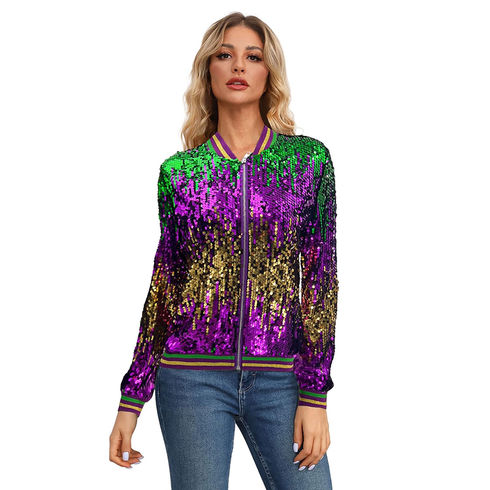 Womens Light up Sequin Jacket Coat Sparkly Long Sleeve Bomber Jackets Glowing Carnival Party Night Club Jacket