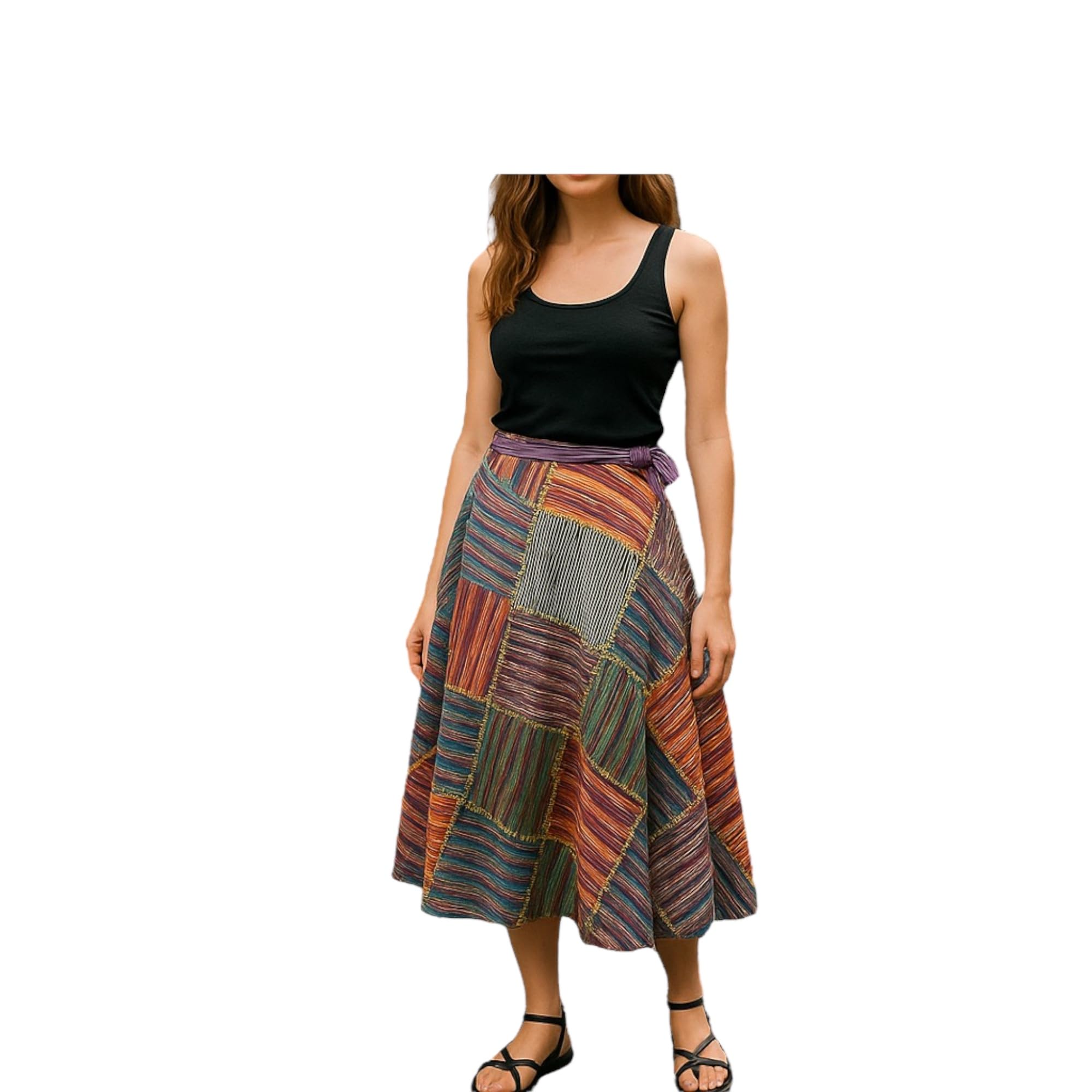 SHOPOHOLIC FASHION Envolvente Redondo Hippy Festival Patchwork Boho Falda Larga | Festival, longitud hasta la rodilla, multicolor