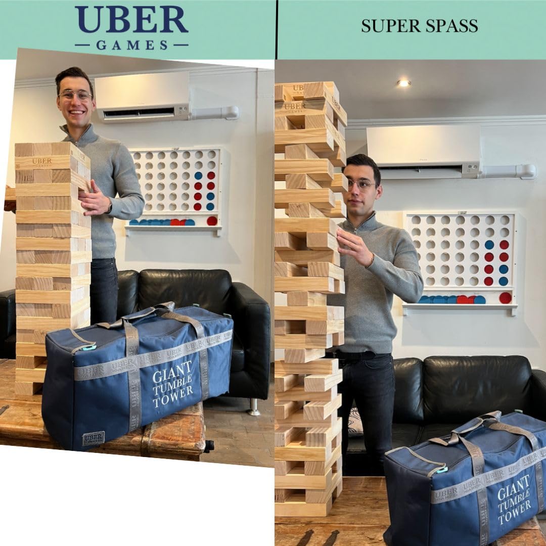 Uber Games Riesenwackelturm XXL 160 cm Jumbo Stapelturm aus FSC-Kiefernholz 54 Holzblöcke Canvas-Tragetasche