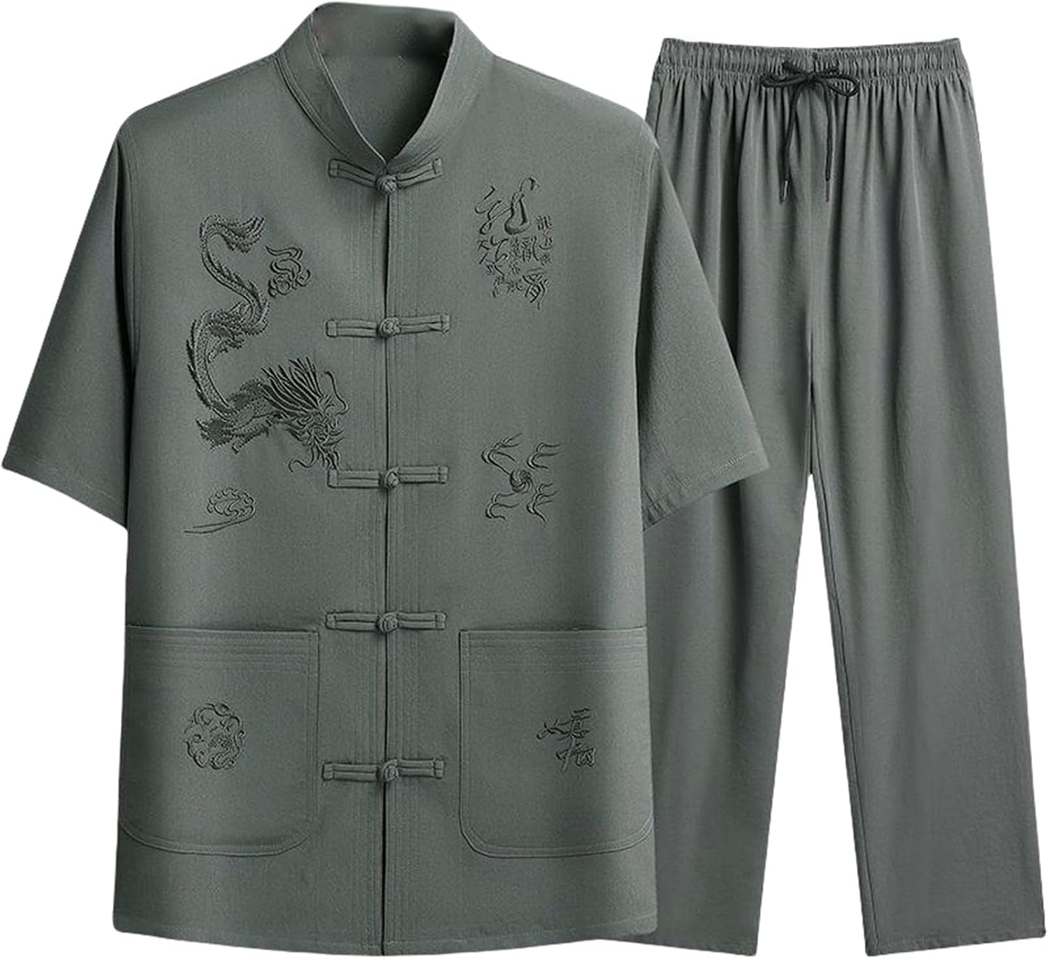 Men's Summer Tang Suit Short Sleeve Chinese Style Embroidered Casual Loose Set