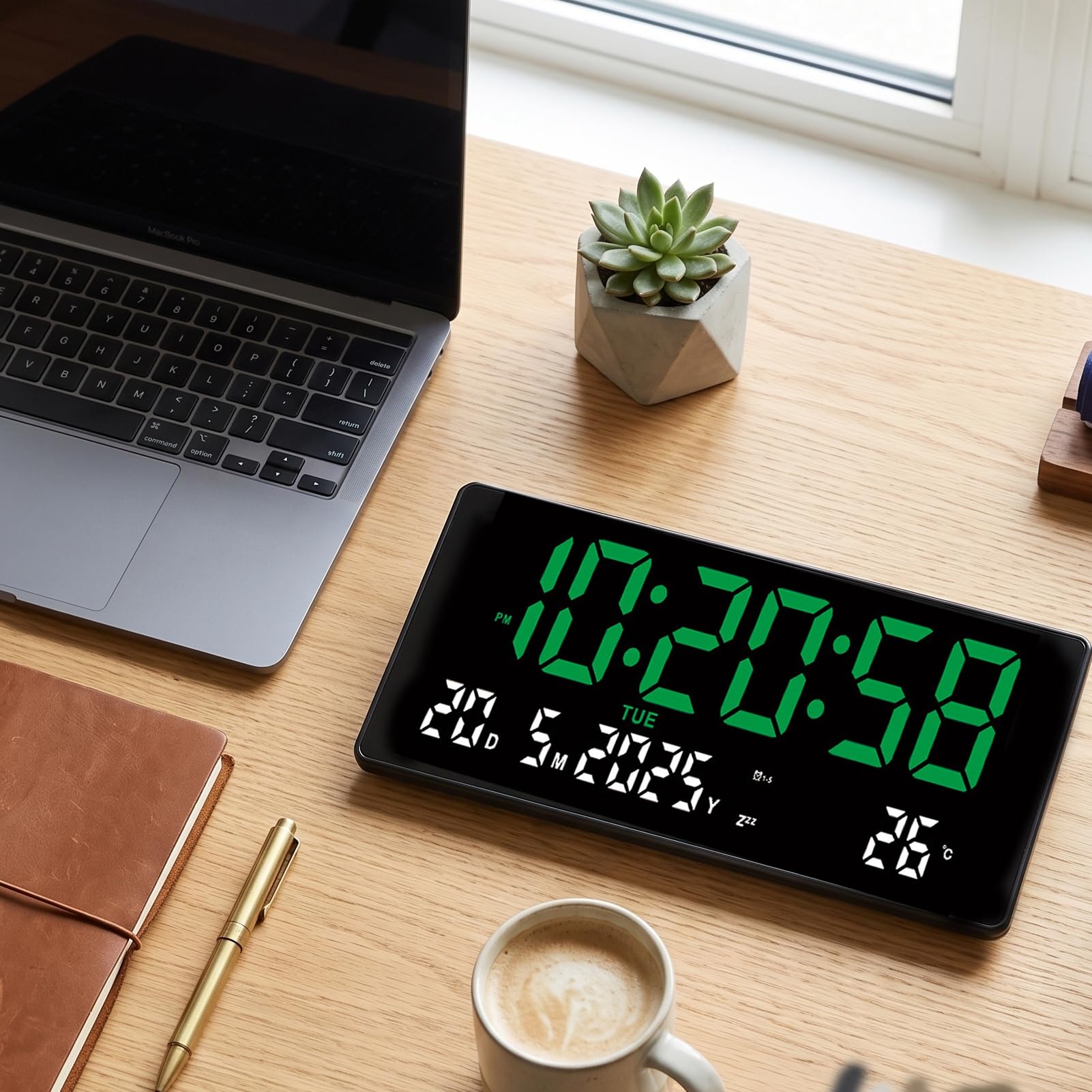 Reloj Despertador LCD Digital Pantalla de Calendario de Temperatura Moderna Brillo Adaptable para Escritorio de Estudio 36,2x15,8 Cm