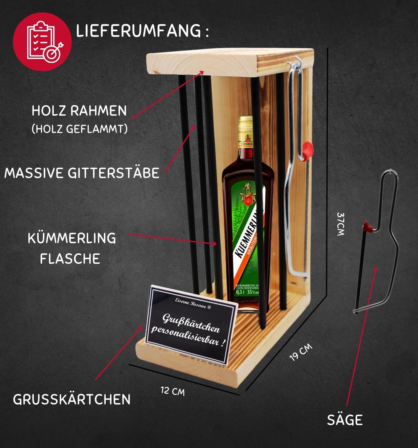 Personalisierte Geschenke für Männer Frauen Geschenkidee - Eiserne Reserve Black Edition Kuemmerling Likör (1 x 0.50 l) incl. Notsäge - Papa Mama Geburtstag Hochzeit