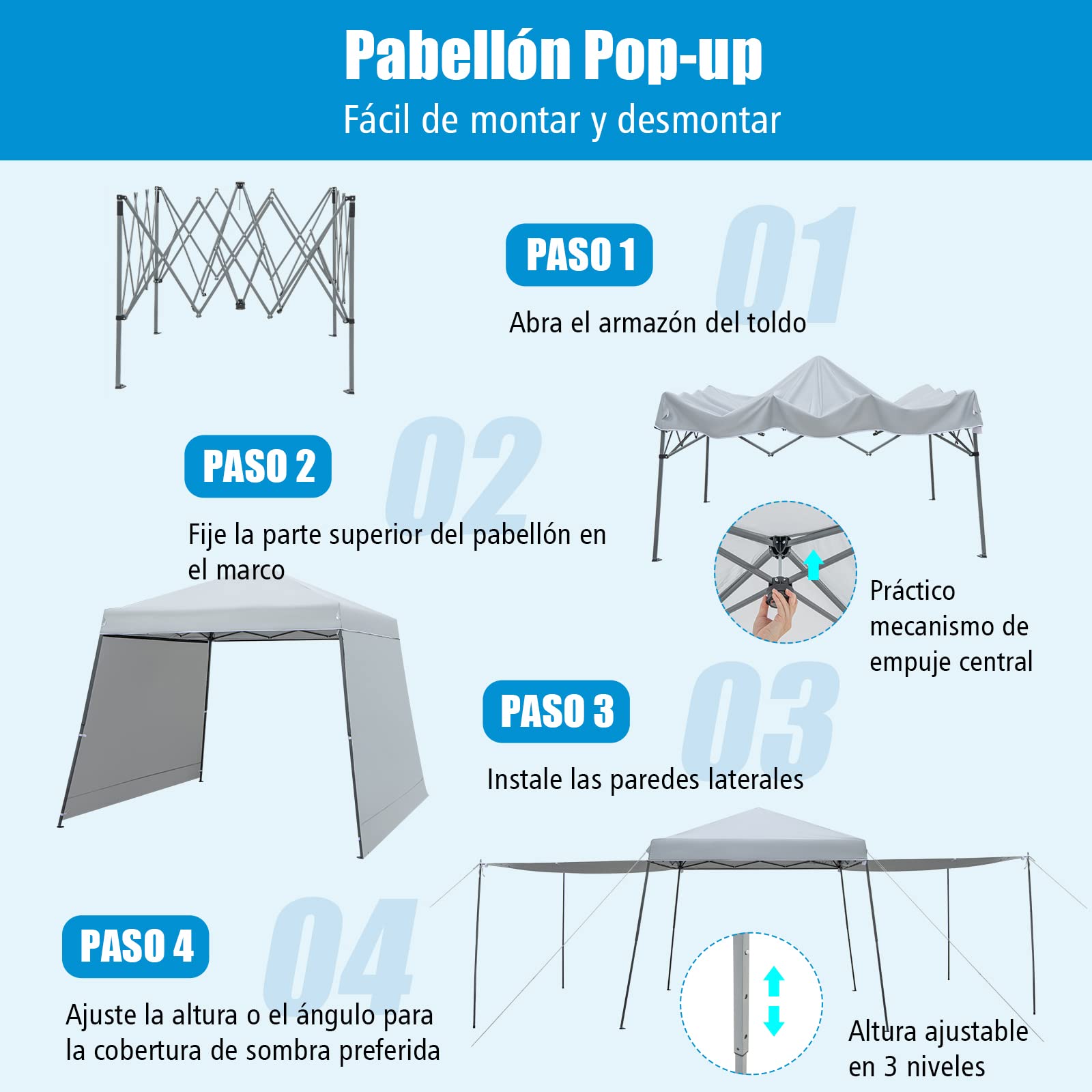 COSTWAY Carpa Plegable 3X3, 2 Paredes Laterales, Cenadores para Jardin Diseño Pop up, Pergolas de Jardin con Bolsa de Ruedas, Altura Ajustable Verde