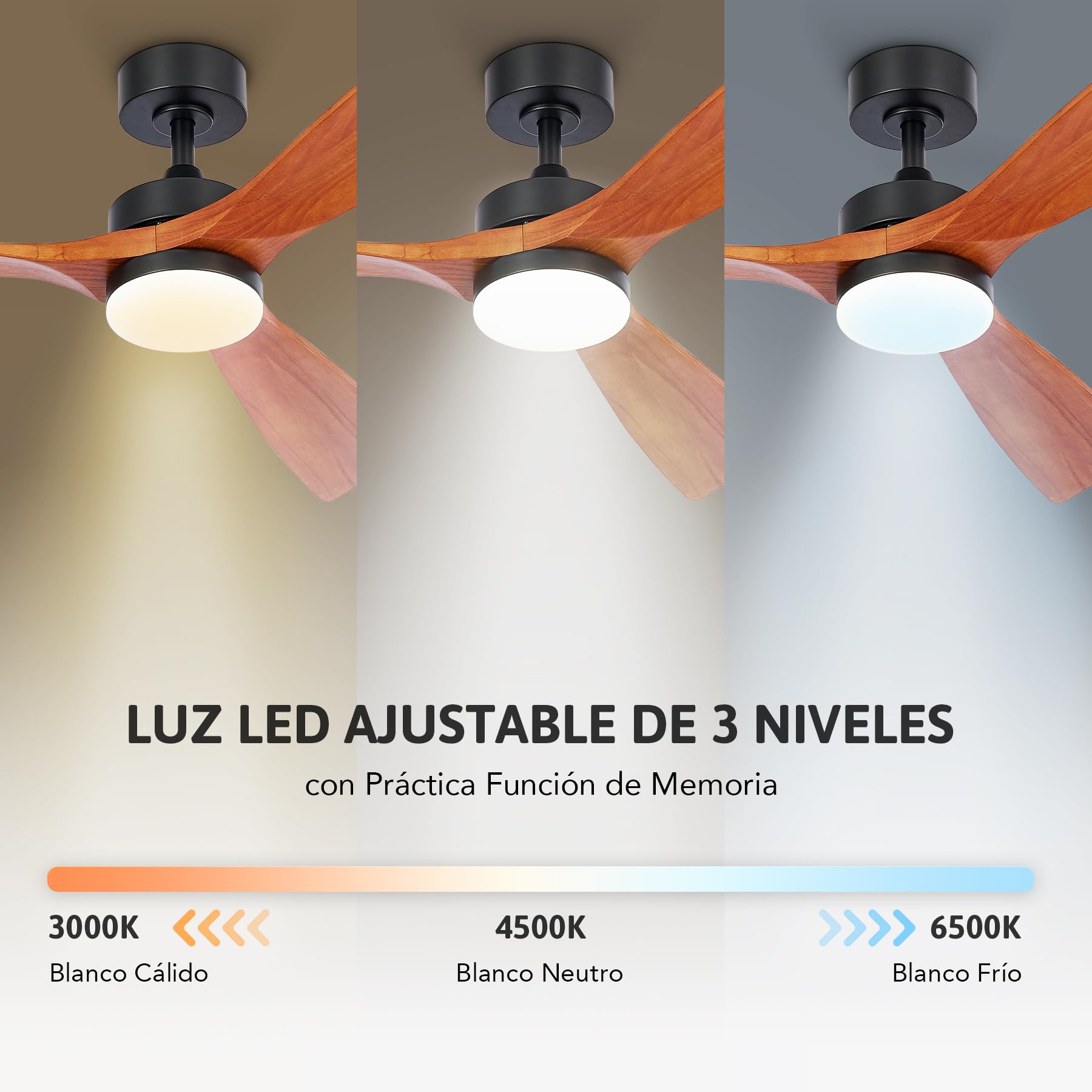 VONLUCE Ventilador de Techo con Luz y Mando a Distancia, Motor DC Silencioso Reversible 6 Velocidades, Función Verano/Invierno para Patio, Salón, 132cm de Diámetro, 3Aspas, Cerezo
