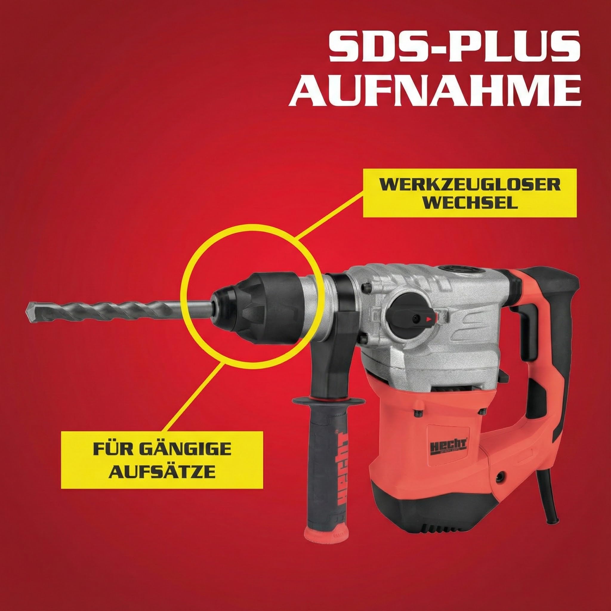 HECHT starkes Bohrhammer Set mit 1500 Watt (Zerstörer 2025) – Mit Zubehör, Meißel und Koffer – Perfekt für Beton – Mit Meißelfunktion (enorme 6 Joule) - Robuster Bohrhammer