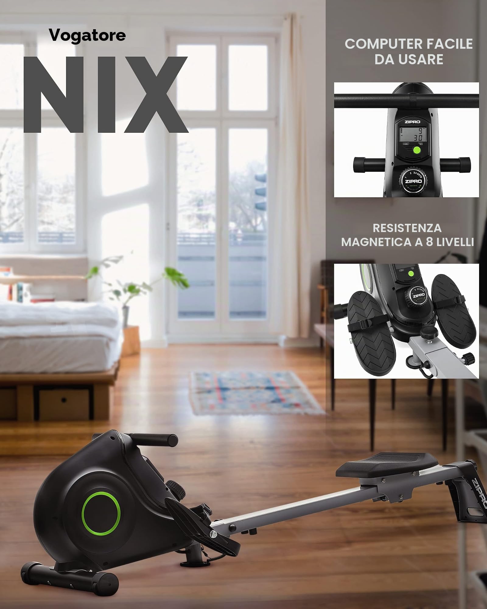 ZIPRO Vogatori per Casa Pieghevole NIX, Sistema Magnetico, Livelli di Resistenza, Fitness Display LCD, app Fitshow, Bluetooth, 100kg