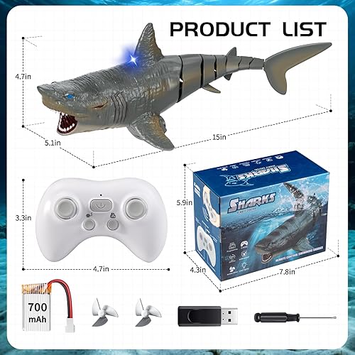 Miniatura 6 de Juguetes de agua de tiburón a control remoto para piscina, juguetes de verano para niños, megalodón de natación realista recargable con luz, regalo