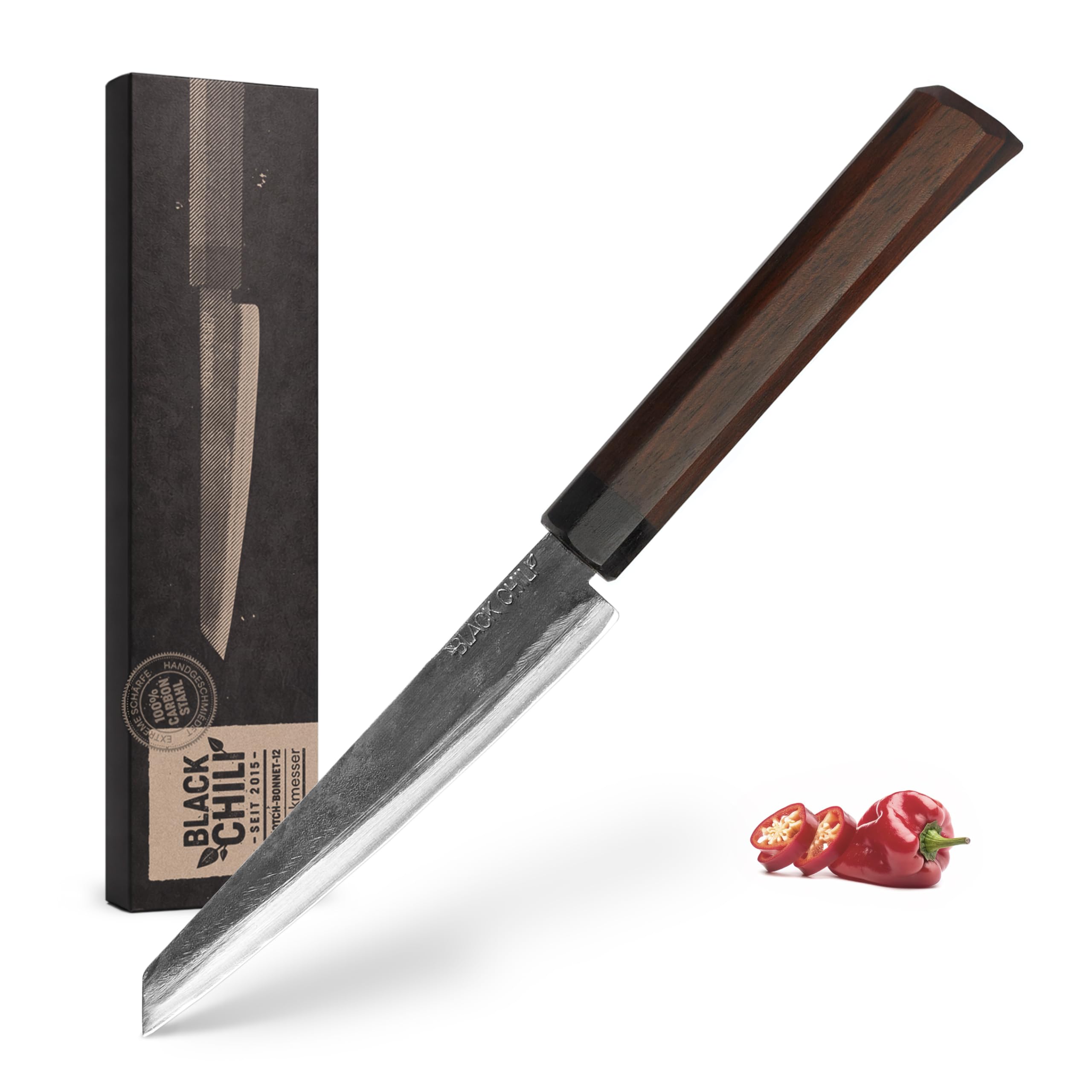 Steakmesser für Steak, Fleisch, Geflügel und Schinken | Griff: Eisenholz | 12 cm Carbonstahl Klinge | BBQ Messer für Fleisch | Grillmesser mit glatter Klinge | SCOTCH-BONNET-12