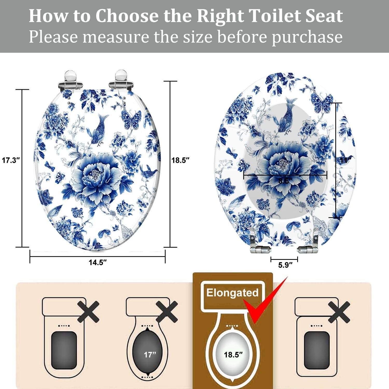 Asiento de inodoro alargado de resina blanca con cierre suave para baño.
