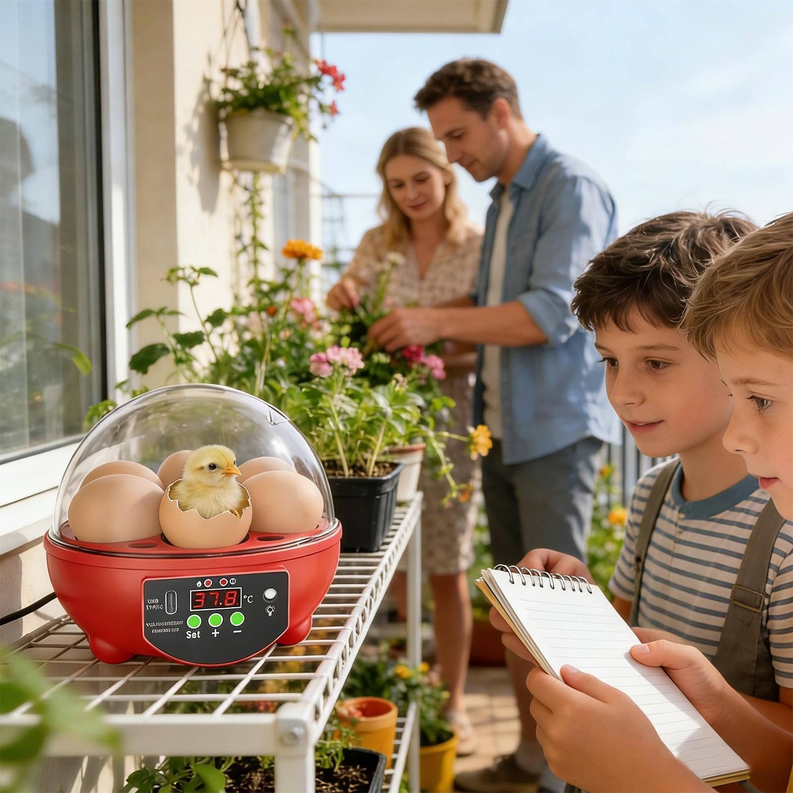 Brutautomat für Hühnereier - Mini 6-Fach Inkubator | Automatische Temperaturkontrolle & Feuchtigkeitsanzeige, Brutkasten mit Klarsichtfenster für Wachteln Enten & Hühner, USB-Betrieb Schule &