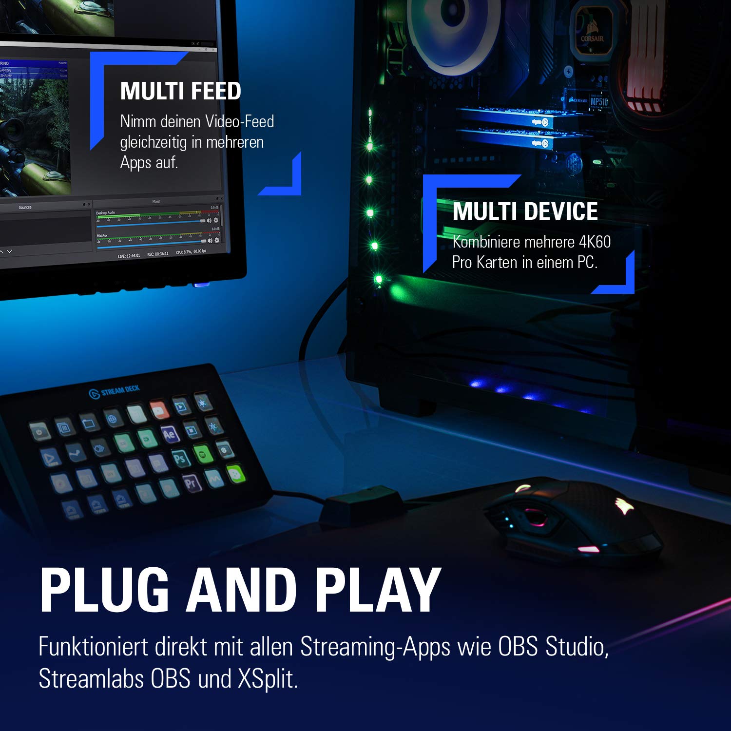 Elgato 4K60 Pro MK.2, interne Aufnahmekarte, streamen und aufzeichnen in 4K60 HDR10 mit Ultra-Low-Latency auf PS5, PS4/Pro, Xbox Series X/S, Xbox One X, in OBS, Twitch, YouTube, für PC