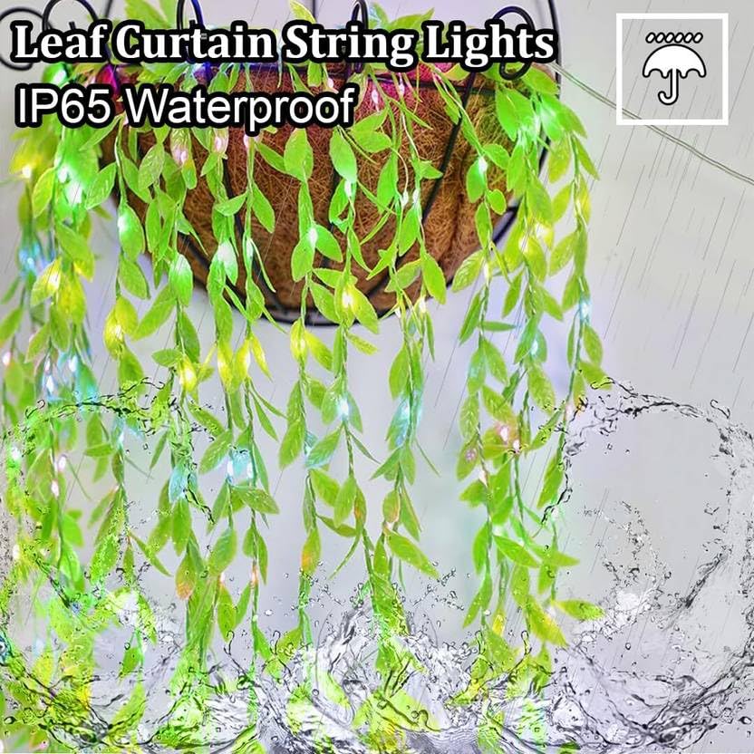 Image of MPROW Artificial Leaf Curtain Lights - 200 LED Multicolour Fairy String Lights, 3x1m, Remote Control with 8 Lighting Modes for Home, Wedding, Party, Diwali, Christmas & Festival Decoration