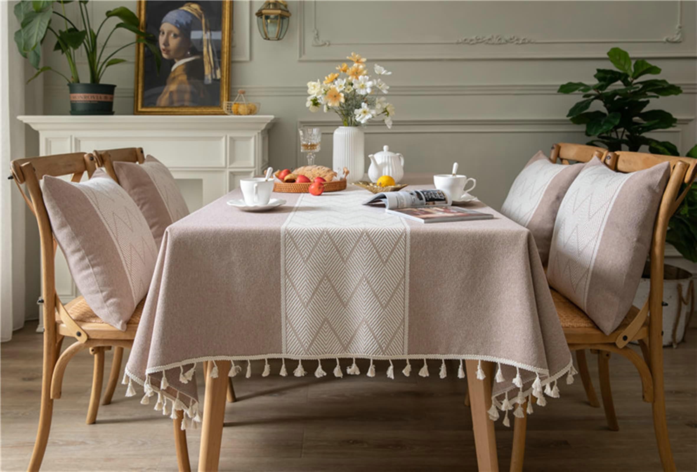 Gualiy Manteles Tela Mesa Rectangular, Poliéster Algodón Mantel Comedor 140x220CM Manteles Mesa Antimanchas Rayas Onduladas con Borlas Mantel para Mesa Cocina, Caqui