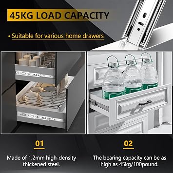 10 inch Ball Bearing Drawer Slides 6 Pairs (12pcs) - 100LB Capacity, Full Extension Side Mount Slides for Kitchen Cabinets, Wardrobes, Office Furniture (Silver 10inch)
