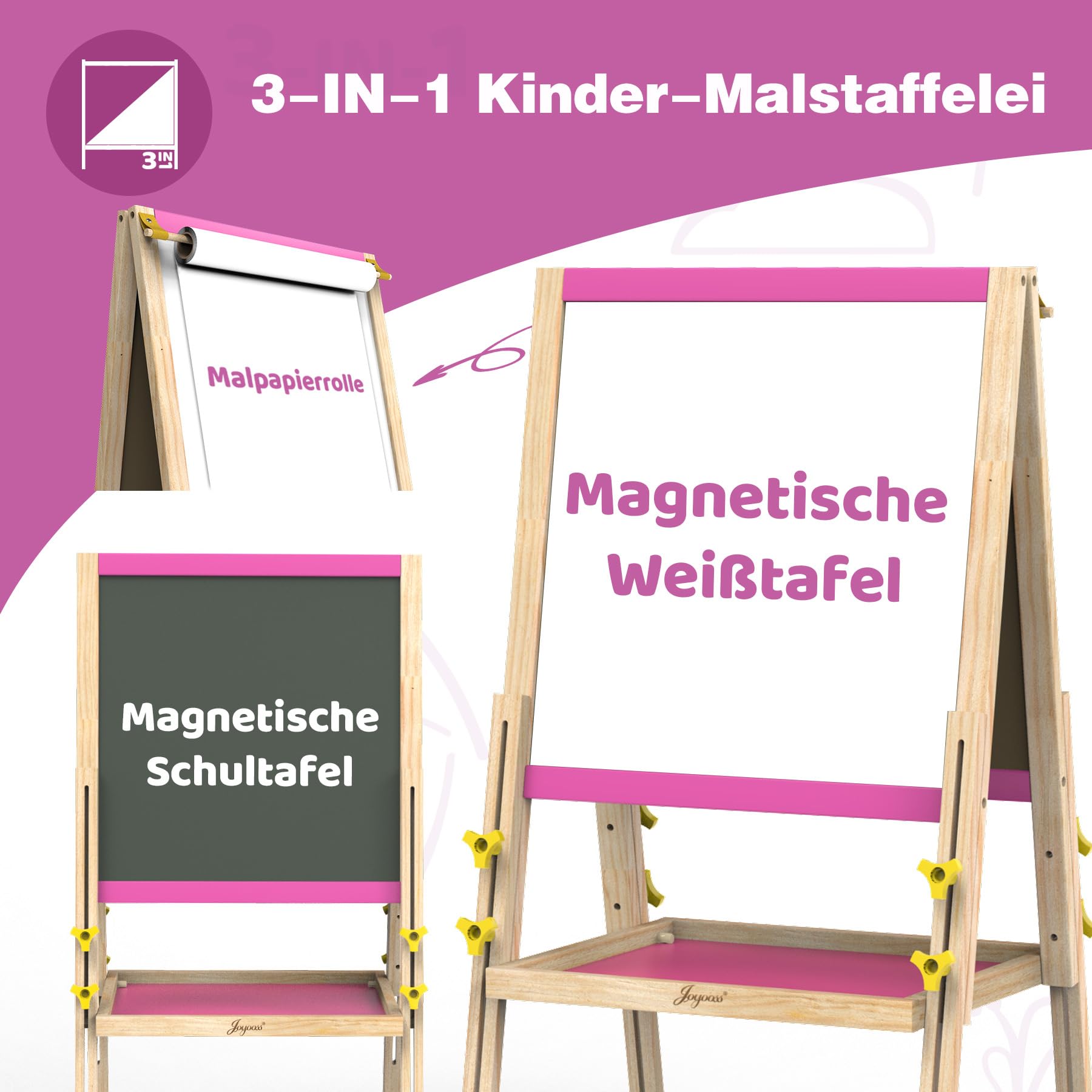 Joyooss Kunststaffelei für Kinder, verstellbares stehendes Holz-Zeichenbrett für Kleinkinder, doppelseitig, trocken abwischbar, mit Malzubehör, Geschenk und Kunstbedarf für Kleinkinder 4-8 (PINK)