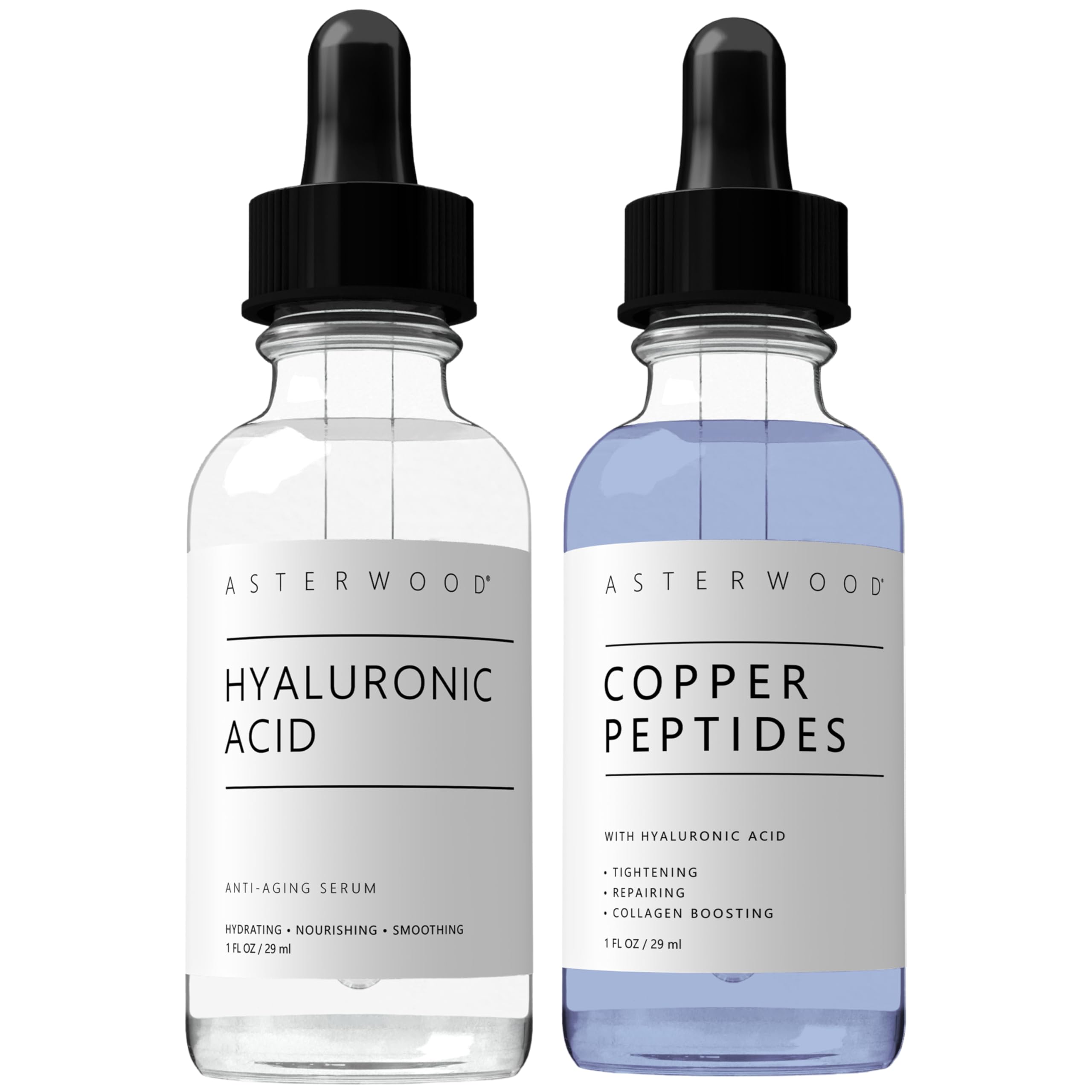 Amazon.com: Asterwood Hyaluronic Acid Serum 1 oz + Copper Peptides Serum 1  oz : Beauty & Personal Care