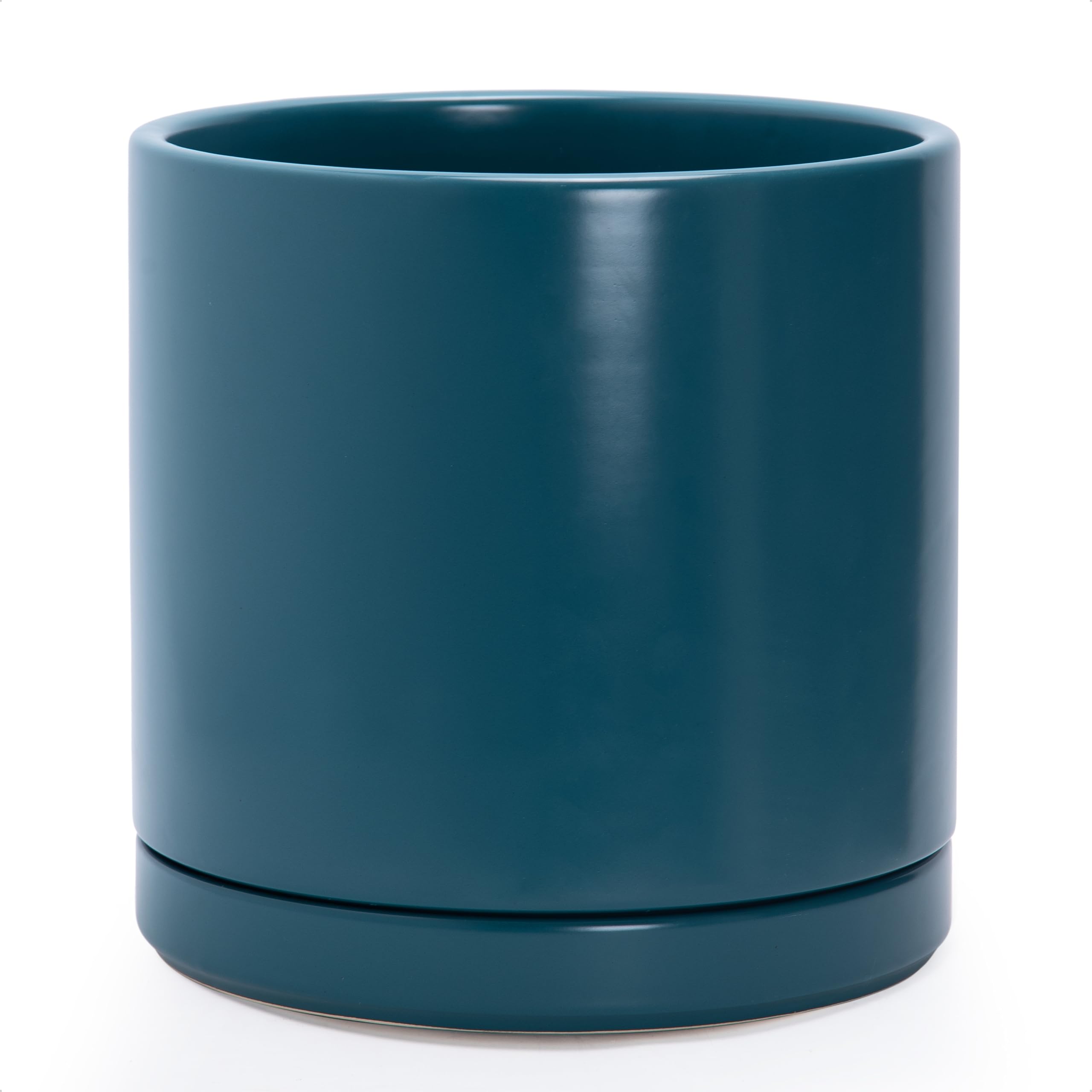 D'vine Dev 12 Inch Ceramic Planter Pot with Drainage Hole and Saucer, Indoor Cylinder Round Planter Pot, Teal, 94-O-F-9 โ image 1