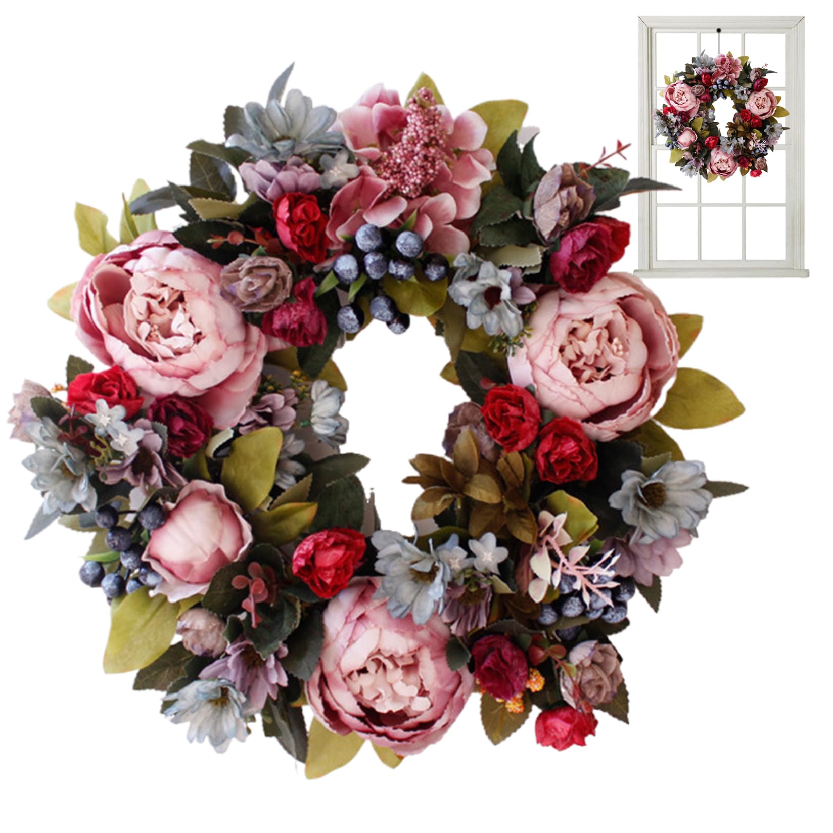 Künstlicher Pfingstrosenkranz, 35 cm, zum Aufhängen, Simulation Frühling, dekorative Kränze, Girlandendekoration für Tür, Fenster, Zuhause, Büro, Sommer-Türkranz