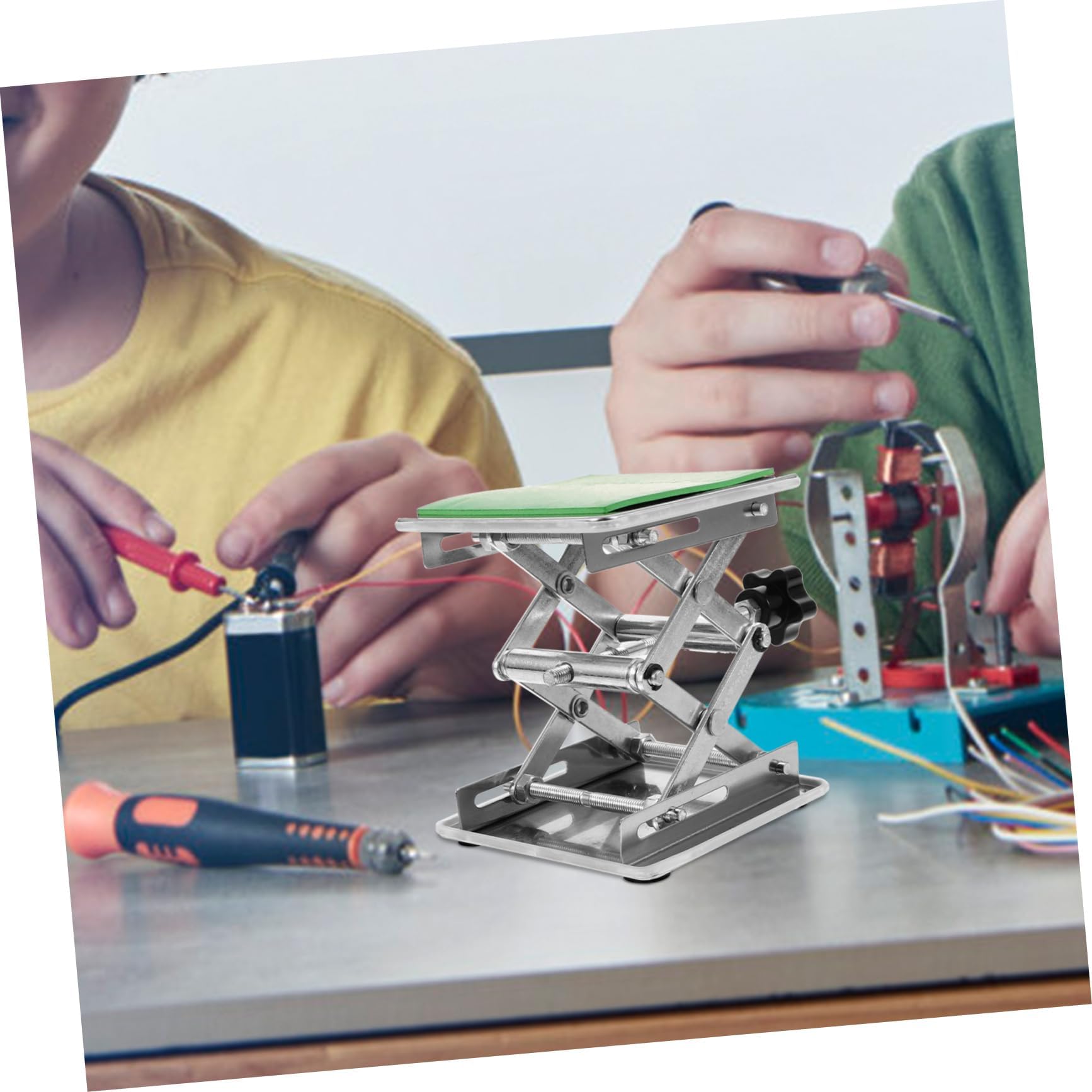 Plataforma elevadora de acero inoxidable para mesas de laboratorio, capacidad de carga de 5 a 25 kg, altura máxima de 460 mm, adecuada para bancos de trabajo pequeños (250 x 250 mm).