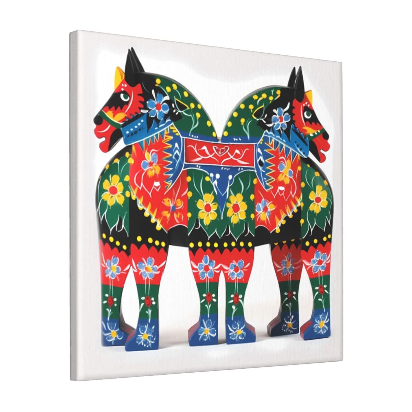 KLOPH Runner Swedish Dala Horse Folk Canvas Wall Art for Living Room 12"x12" Modern Artwork Painting for Bathroom Hanging Canvas Prints Aesthetic Wallart for Bedroom Kitchen Office Wall Decor