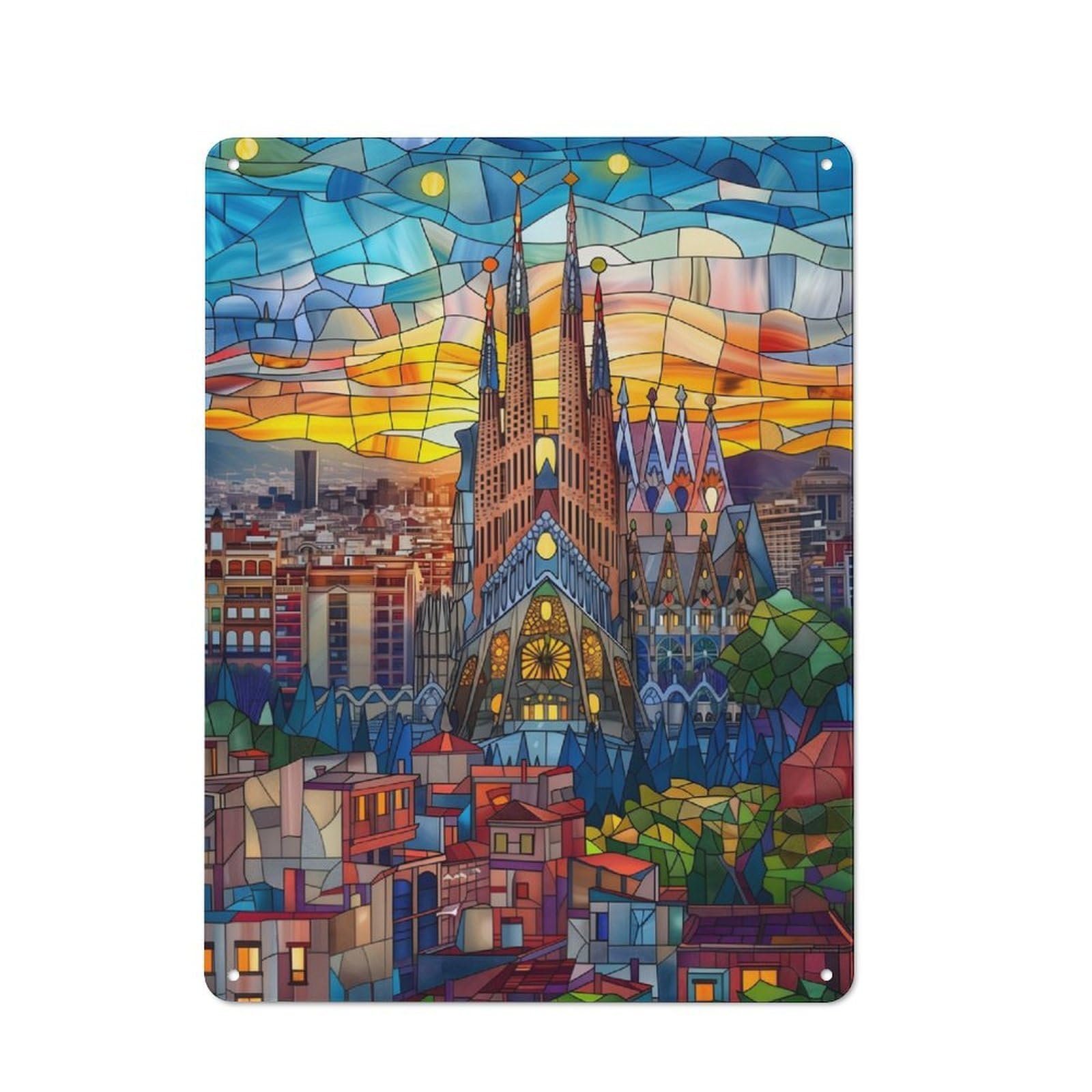Junmoney Barcelona Sunset Mosaic Metal Plaque 40X30cm With For Home Bar Wall, Retro Decor, For Garage, Workshop And Man Cave Decoration