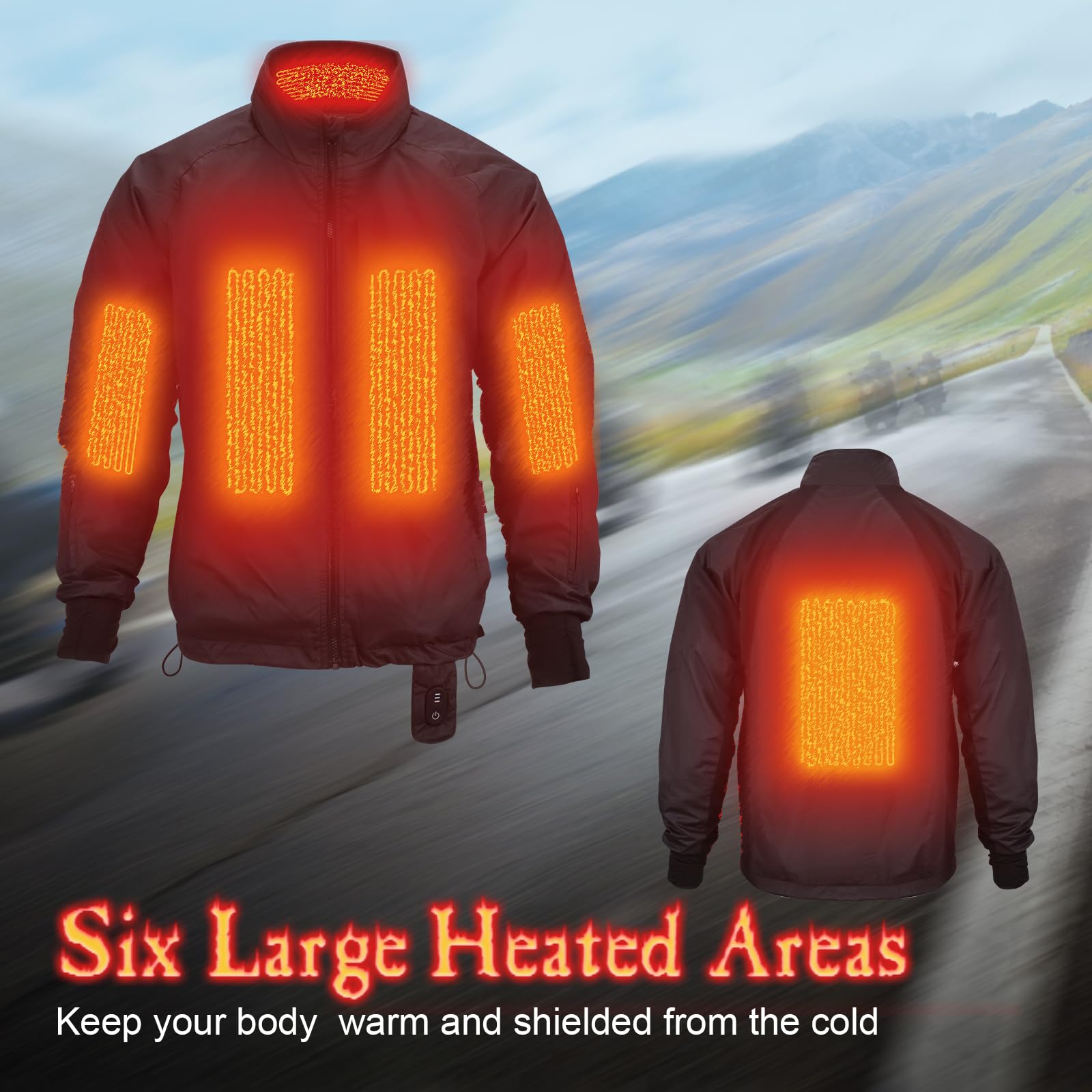 MIDIAN Heated Jacket Liner for Mens Winter 12V Motorcycle Protective Gear With 6 Heat Zones for Cold Weather Riding(Black-L)
