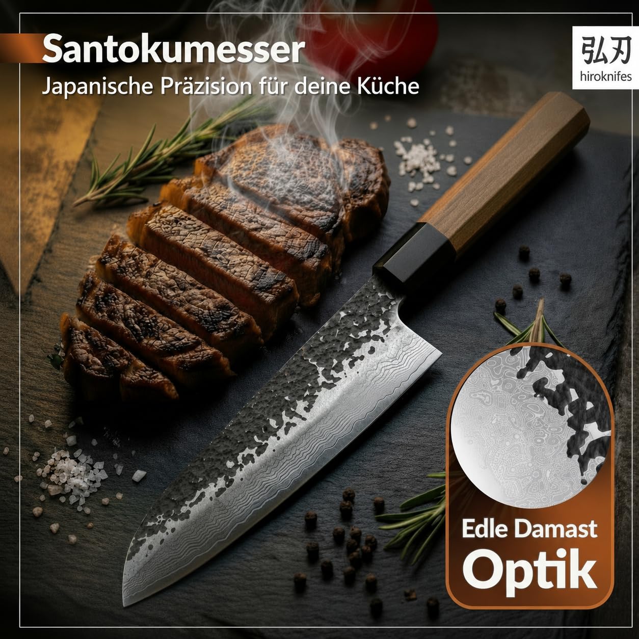 Kochmesser Damastmesser 18cm – Santoku Messer Japanisches Küchenmesser scharf – 67 Lagen VG10 Damaststahl – Kochmesser Profi Fleischmesser – Ebenholz Griff + Geschenkbox