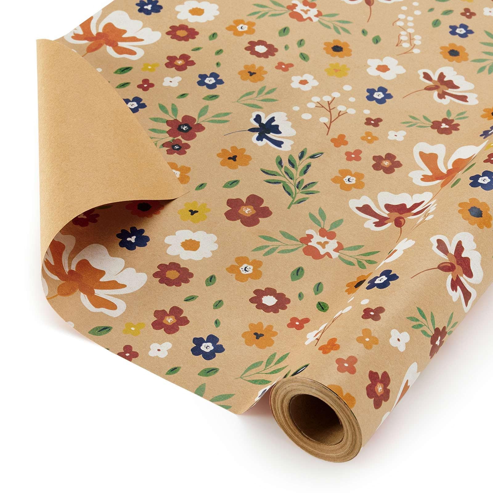 WERNNSAI Floral Kraft Wrapping Paper Roll - 1 Roll 17”x 33 ft Vintage Flower Retro Wildflower Wrapping Paper Kids Adults Decorative Art DIY Crafts