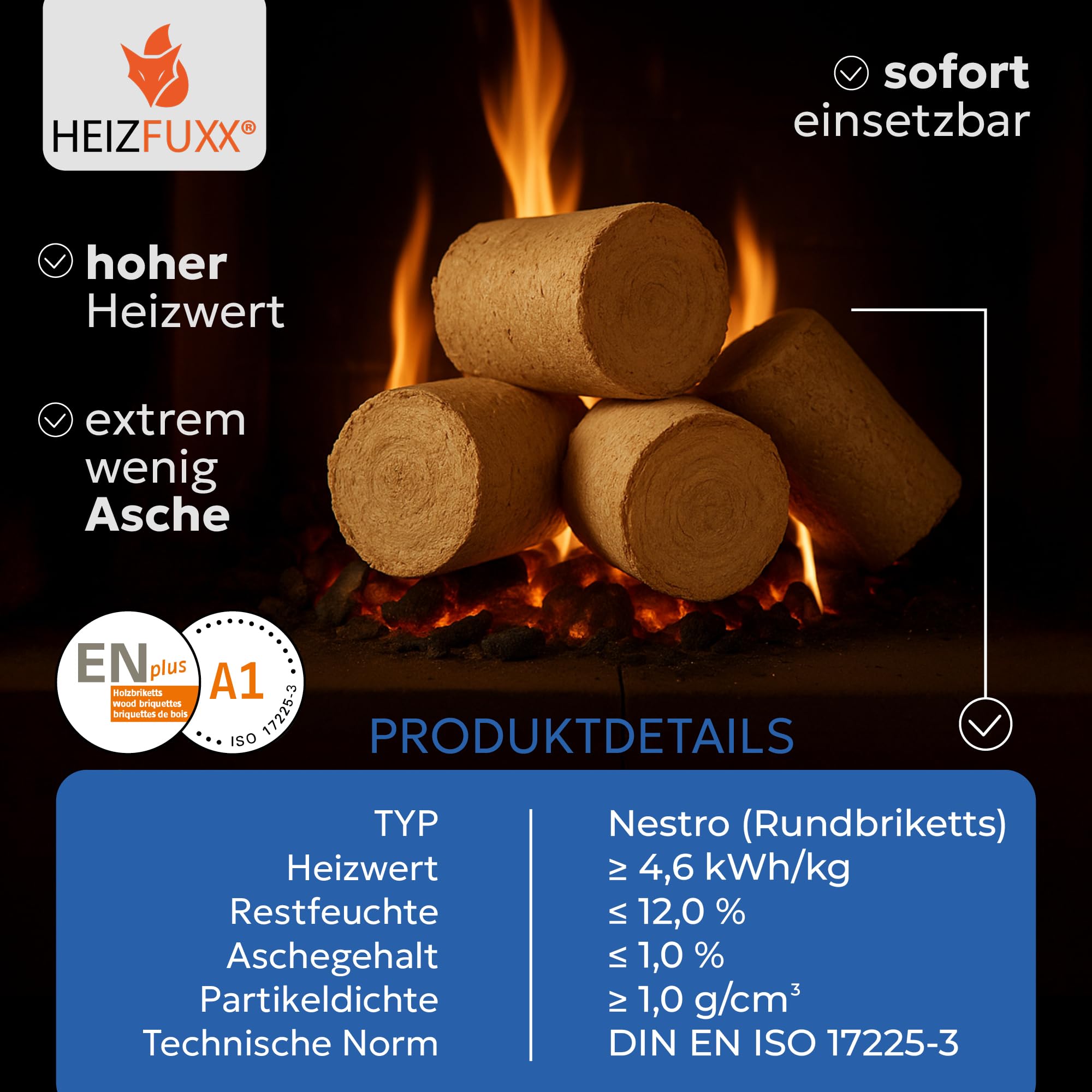 Holzbriketts Nestro XL Blue - Weichholzbriketts Palette 960 kg (96x10 kg) - Premium Briketts für Kamin, Heizkessel & Ofen - Hoher Heizwert, geringer Aschegehalt & maximale Energieausbeute
