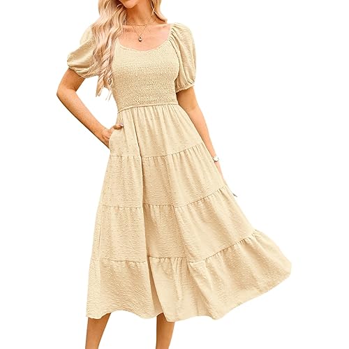 PRETTYGARDEN Women's Spring Dresses 2024 Puff Sleeve V Neck Swiss Dot High Waist Chiffon Dress Tiered Smocked Maxi Dresses