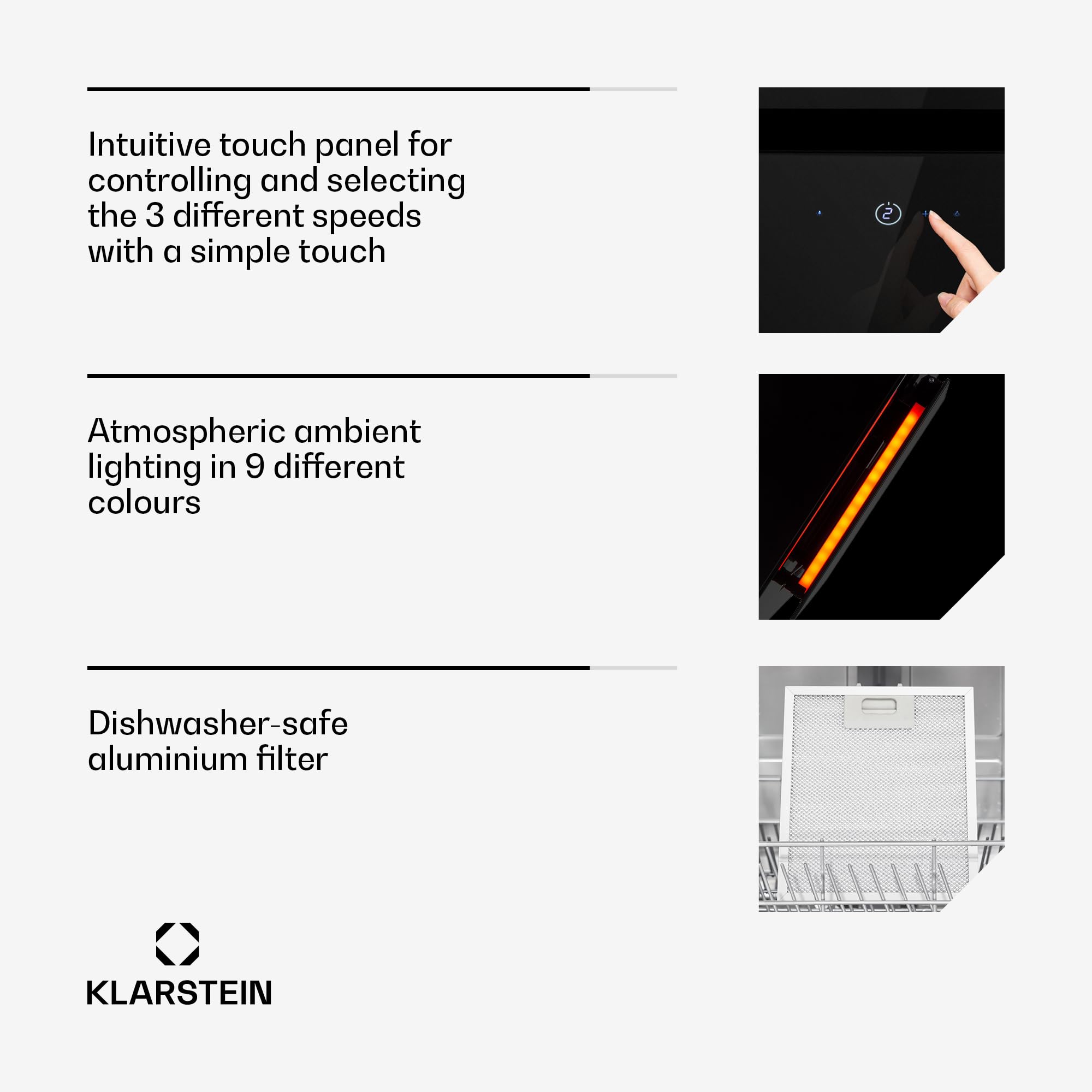 Klarstein Eleonora campana extractora sin cúpula, clase A++, extracción 426 m³/h, control táctil, luz ambiental RGB, 60 dB, salida y recirculación, iluminación LED, filtro de grasa, 60 cm, negro