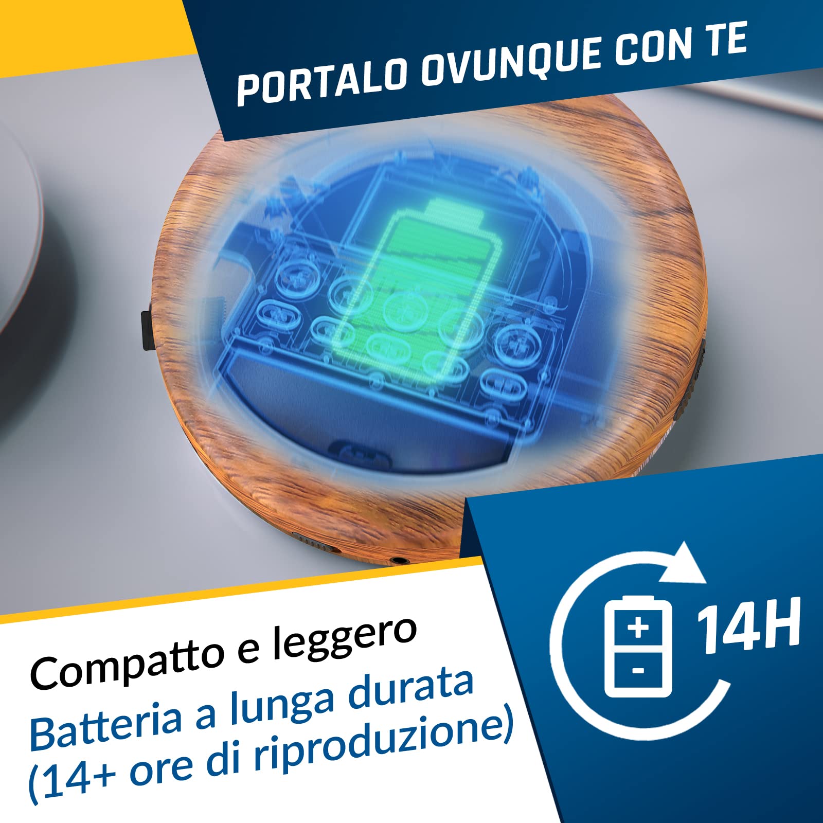 KLIM Nomad Wood - Lettore cd portatile - Batteria a Lunga Durata - Include Auricolari KLIM Fusion - CD-R, CD-RW, MP3 - Lettore SD, Radio FM, Bluetooth - Ideale per Auto - Hi-Fi - Nuovo
