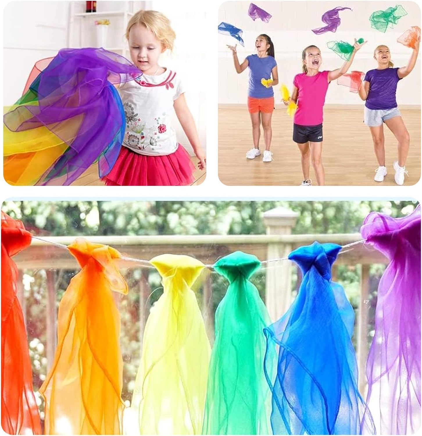 Paños de gasa – 12 unidades de 60 x 60 cm cuadrados de colores para malabares de seda para bebé, paños coloridos para bailar, malabares, sensoriales, toallas de baile
