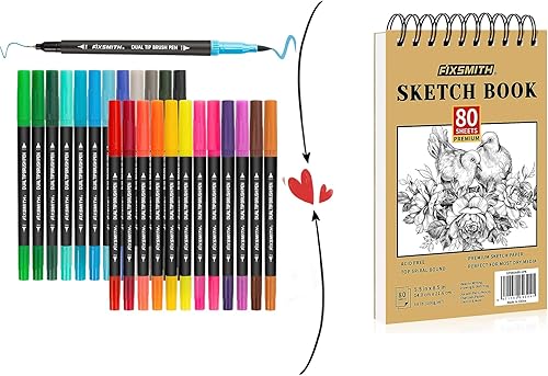FIXSMITH Rotuladores de doble pincel, 24 marcadores artísticos de colores y cuaderno de bocetos de 5.5 x 8.5 pulgadas, 80 hojas (68 libras3.53 ozm),