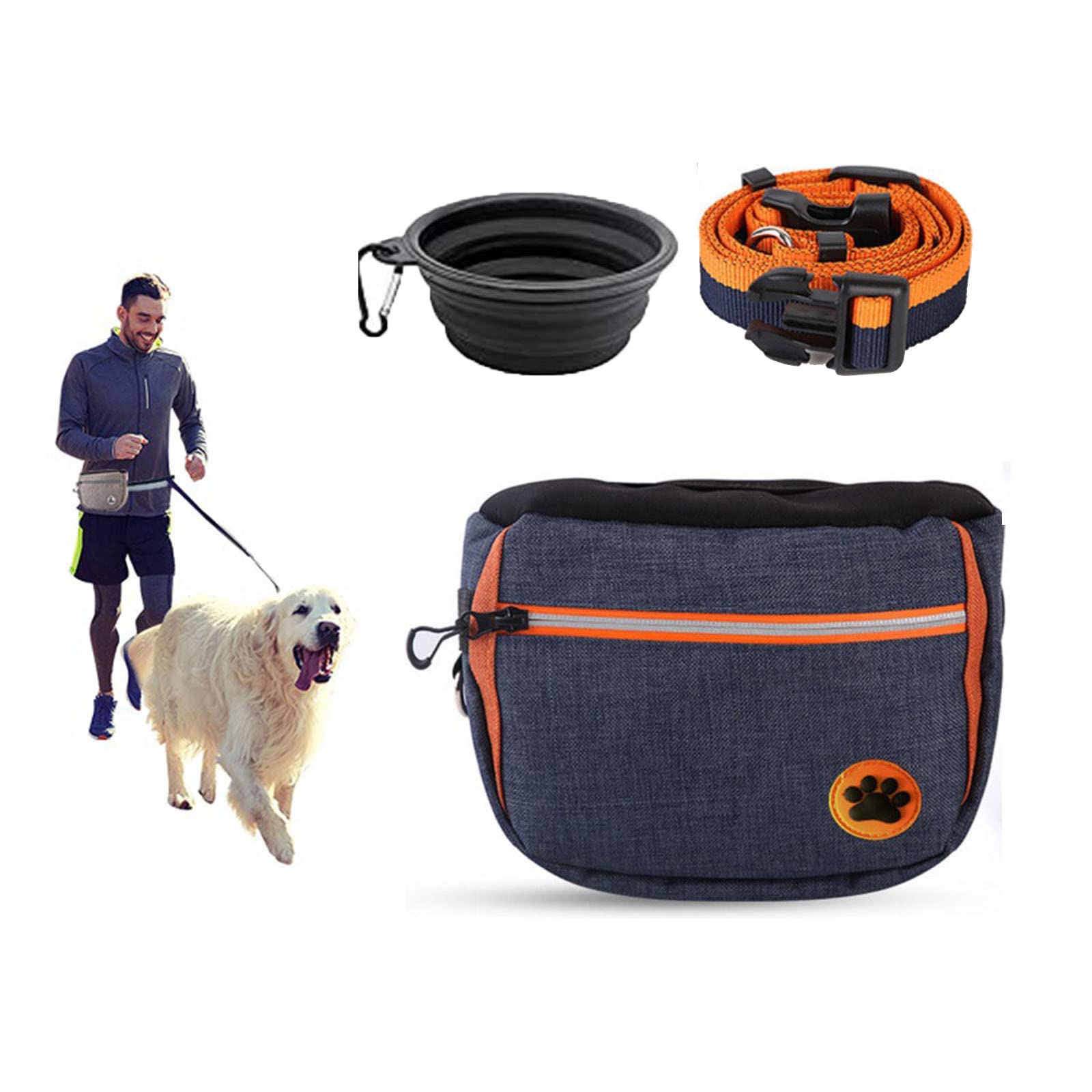 MYKOMI Pet Dog Treat Pouch Waist Bag, Auto Closing Waterproof Oxford Adjustable Training Belt Bags with Poop Bag Dispenser + Dog Collapsible Bowl for Dog Cat Running, Walking, Feeding (US Blue)
