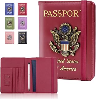 Cnycmy Passport Holder for Travel, Pu Leather Travel Wallet, RFID Blocking, Metal United States Coat of Arms, Waterproof cover for Family (Burgundy)