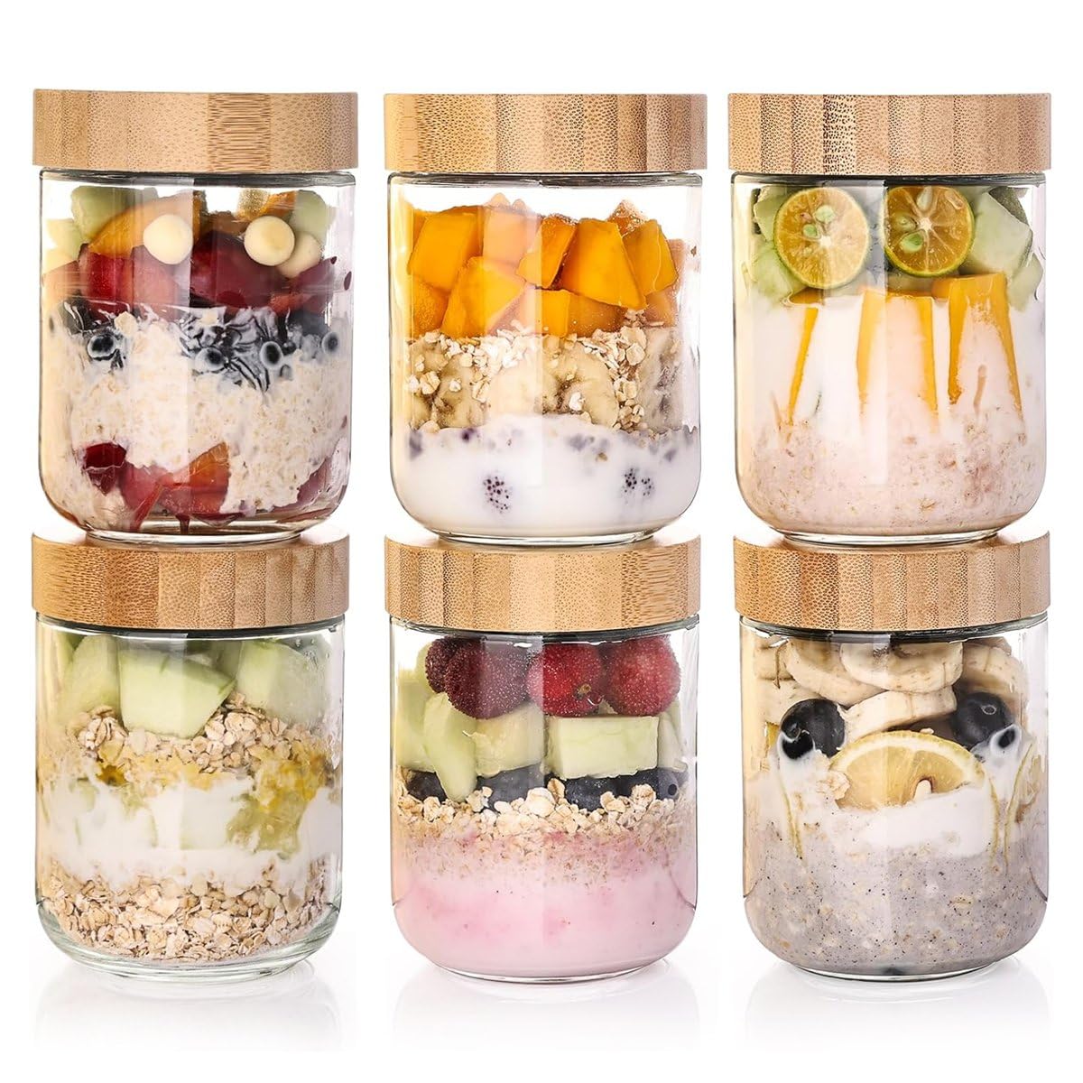 CTRLZS Overnight Oats Containers 6-Pack with Bamboo Airtight Lids, 16 Oz Wide Mouth Glass Food Storage Salad Jars