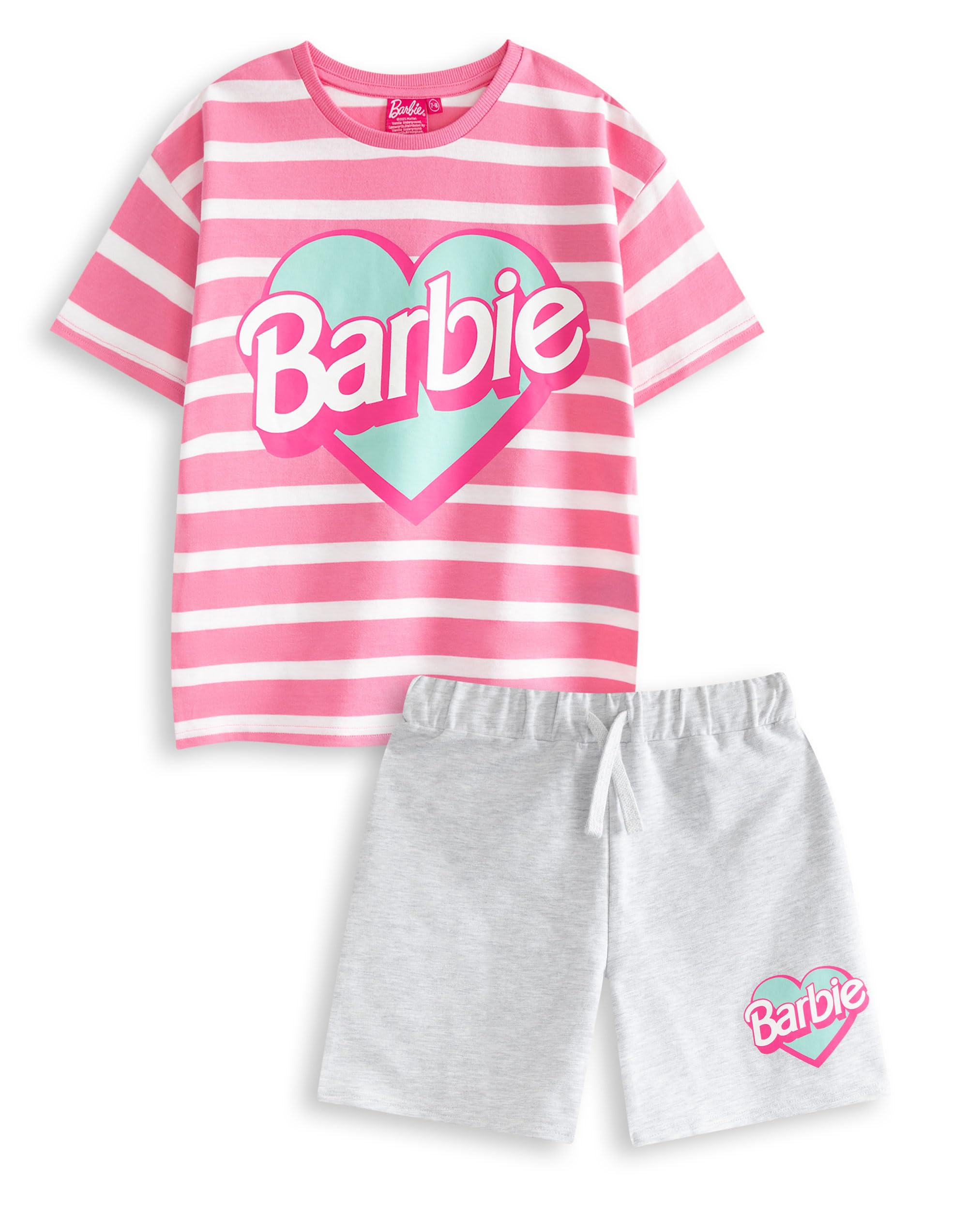Barbie Girls Pink Striped T-Shirt And Shorts Set | Classic Graphic Tee | Short Sleeve Top With Elasticated Waistband | Kids Cartoon Apparel Merch - 9-10 Years