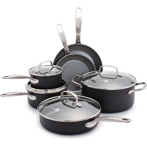 GreenPan Chatham Hard Anodized Healthy Ceramic Nonstick 10 Piece Cookware Pots and Pans Set, Frying Pan Skillets, Saucepans, Saute Pan, Stockpot, Lids, PFAS-Free, Dishwasher & Oven Safe, Gray
