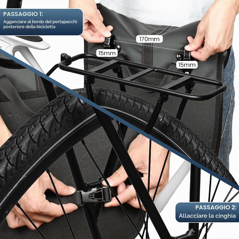1 Pezzi Borse Bici Posteriore Laterali, Borsa da Bicicletta per Portapacchi, Espandibile Fino a 24L, Impermeabile, Unisex, Adatto per Ciclismo, Viaggi e Spostamenti, Nero