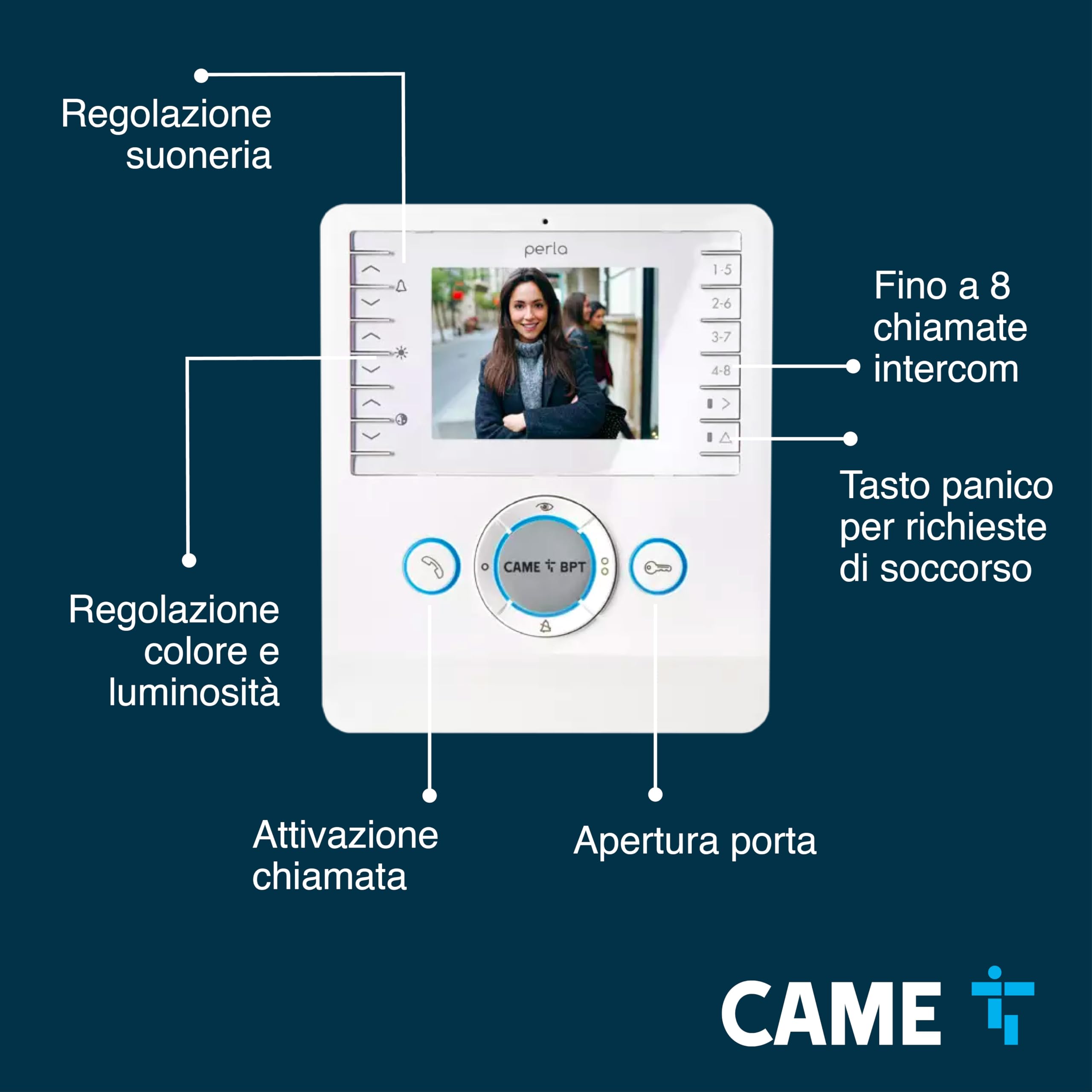 CAME Videocitofono vivavoce PERLA bianco con display LCD 3.5", ottima qualità video, due tasti AUX programmabili, compatibile con sistemi X1 e XIP, per una gestione sicura degli accessi residenziali