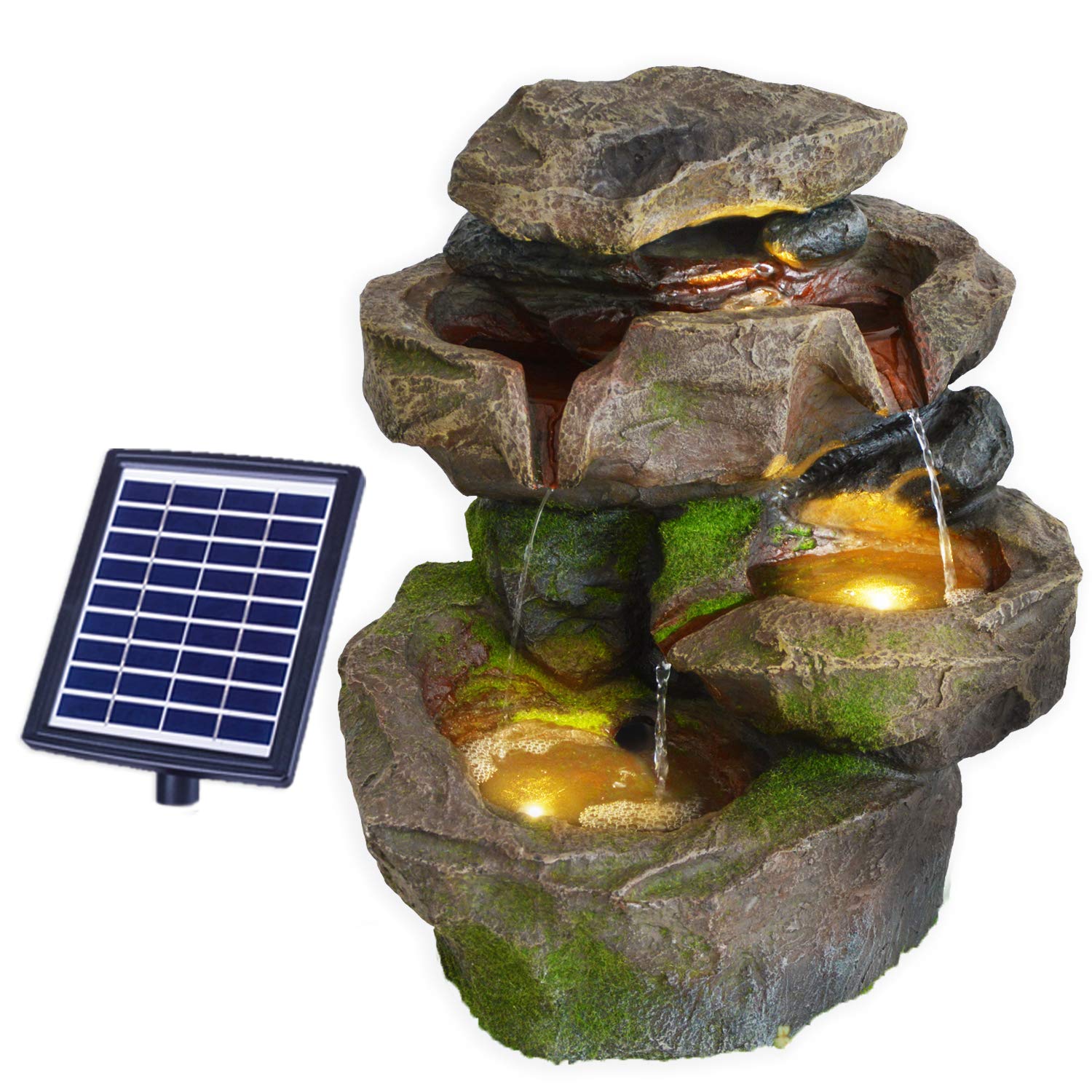 Fontana da giardino solare con luce LED, cascata in pietra SCHWARZWALD