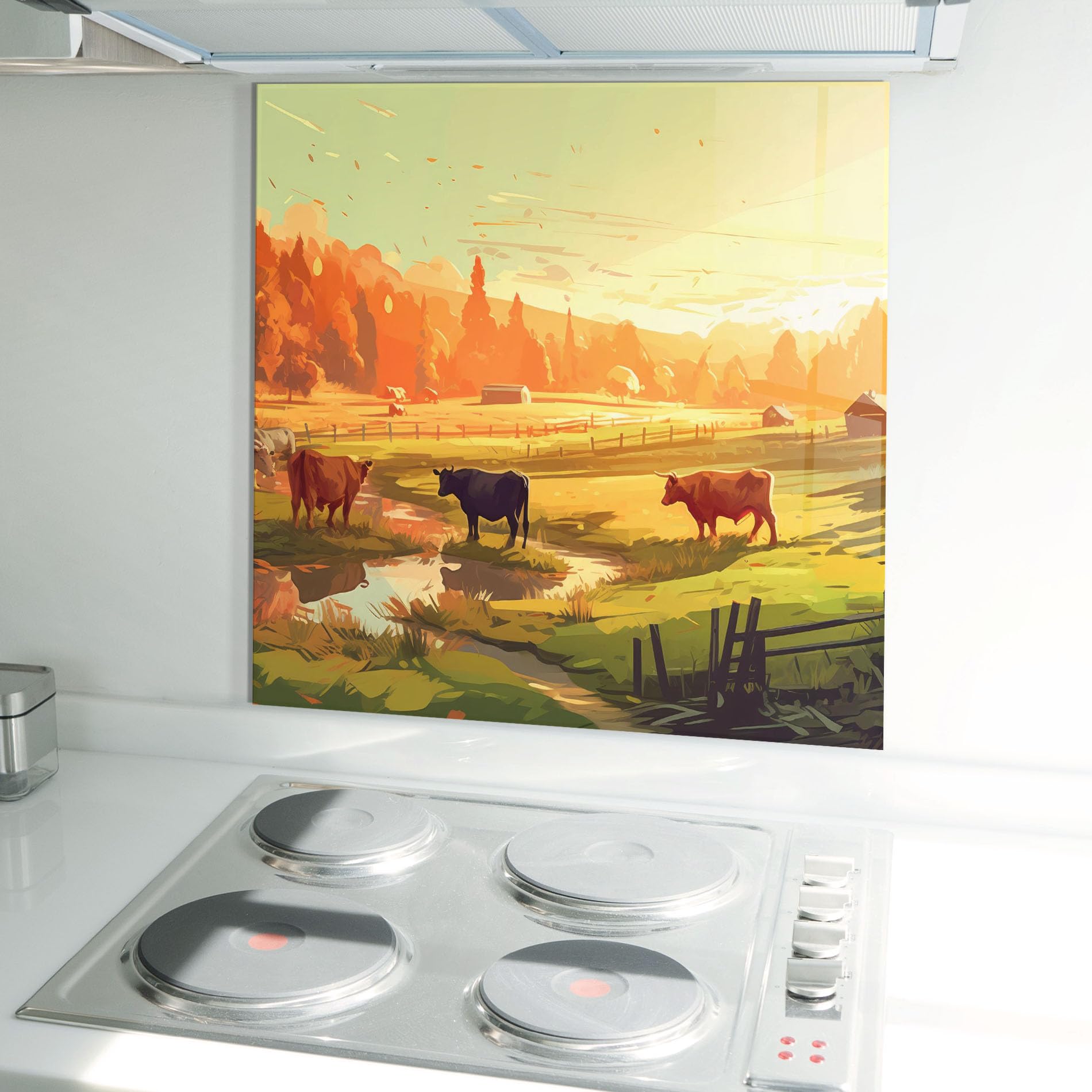 ARTHUB® Crédence de Cuisine en Verre 60x60 cm, Farm Sunlight | Protection Contre Les éclaboussures, Revêtement Mural en Carreaux, Plaque en Verre, Verre trempé, Paysages, Campagne
